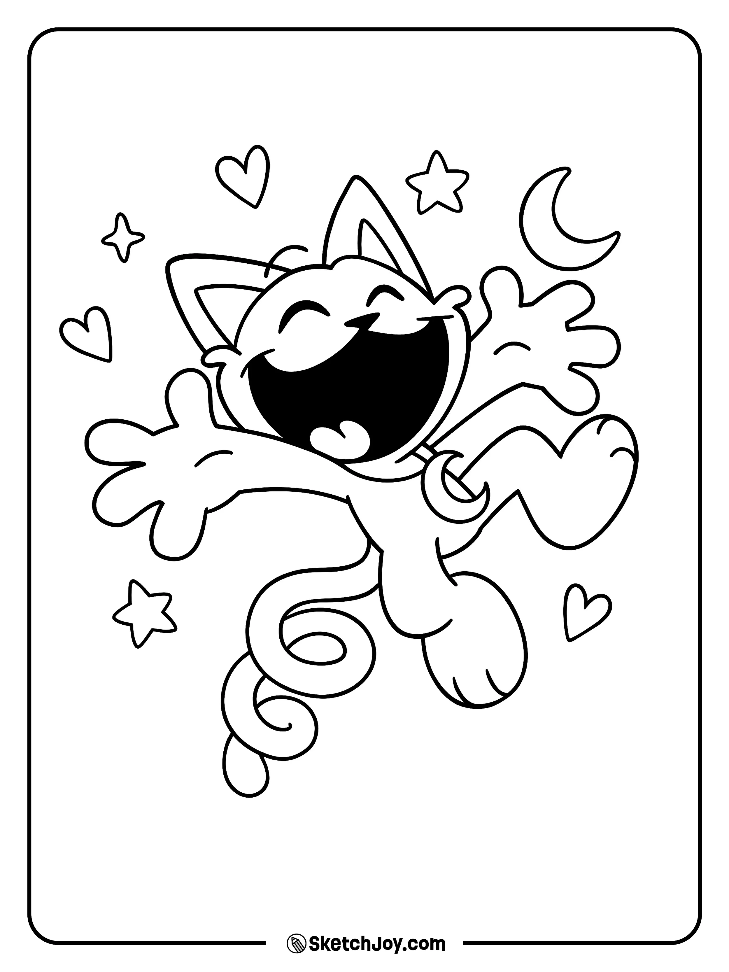 Toy CatNap jumps with open arms while hearts, stars, and a moon surround him.