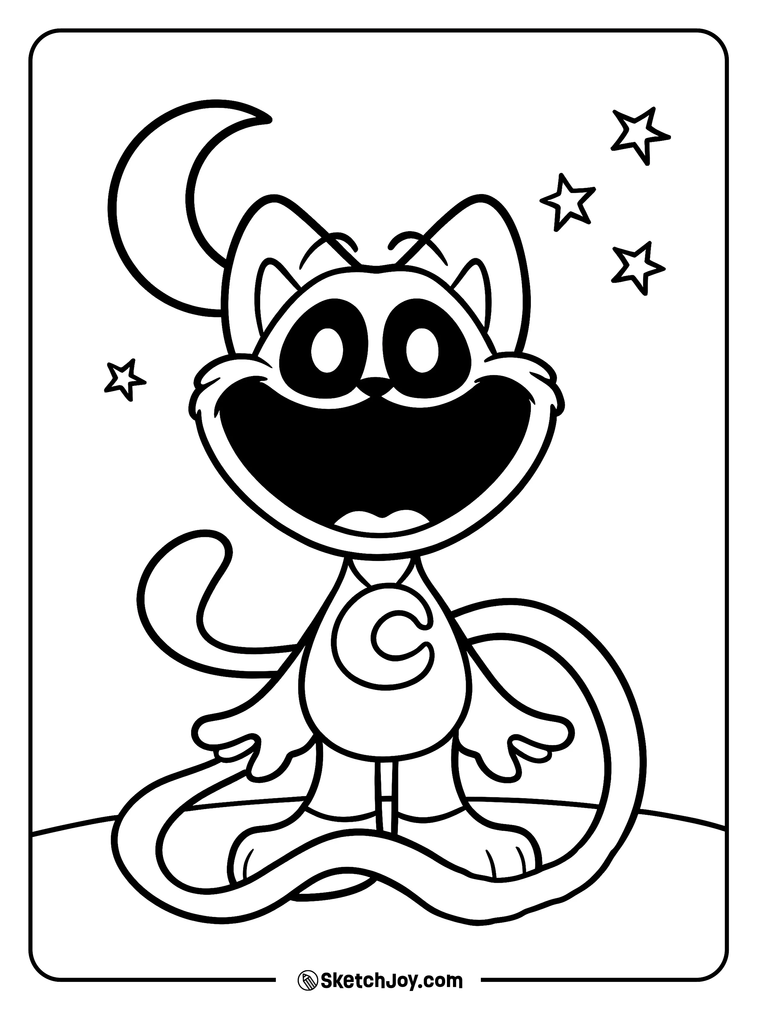 Toy CatNap stands under the moon and stars with a wide happy smile.