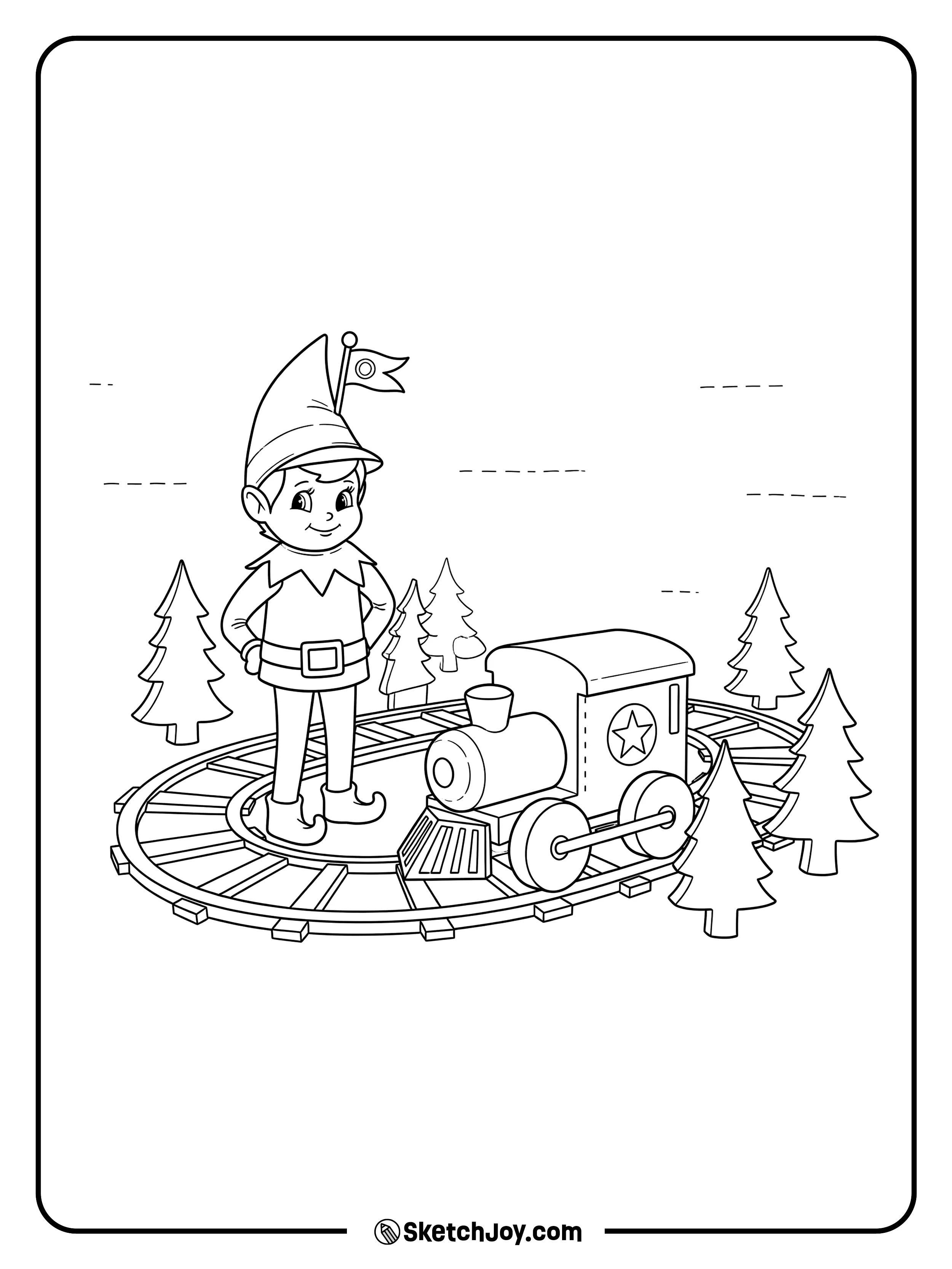 The elf waves a flag as a toy train passes.