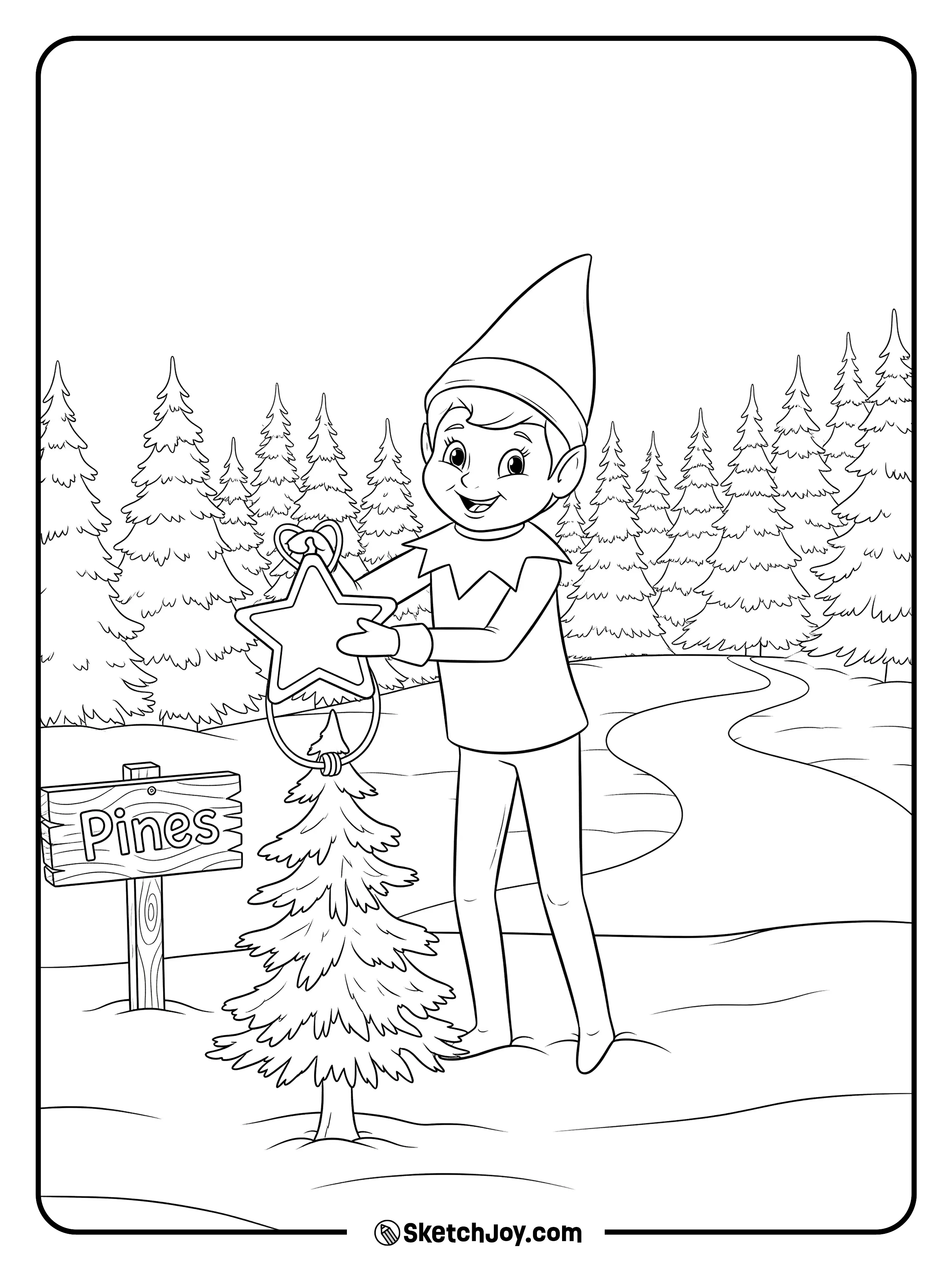 The elf tags a small pine with a star tag.