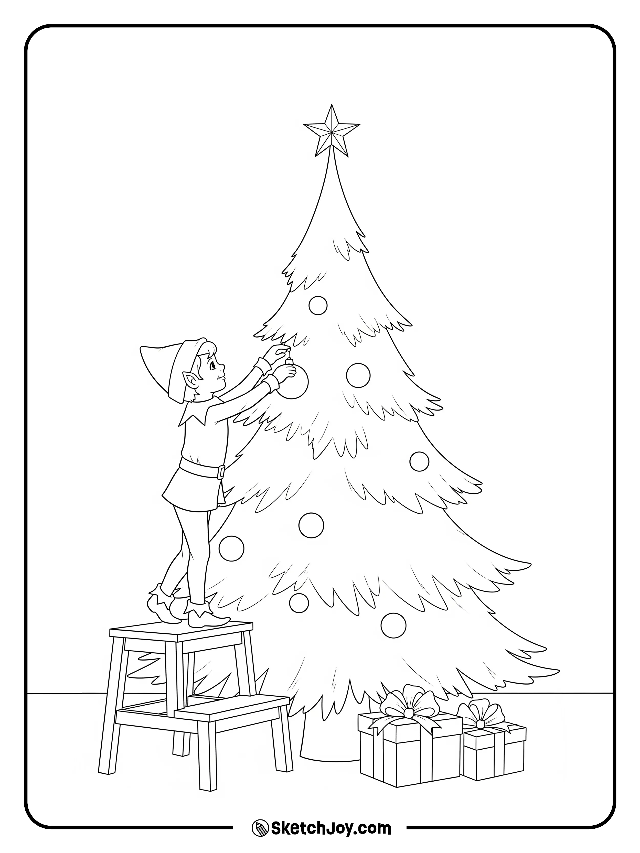 The elf hangs an ornament near the top of a tree.