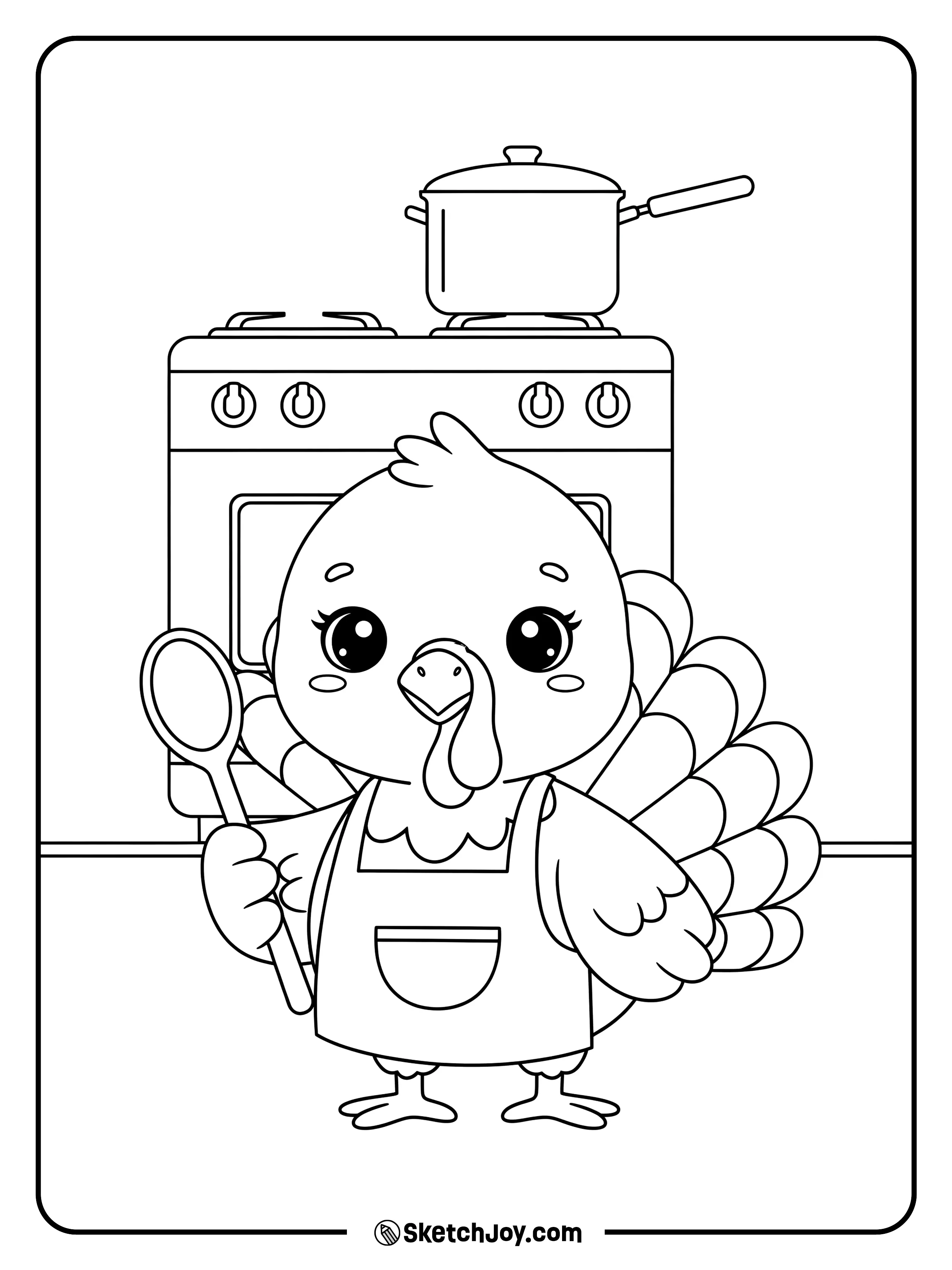 A cute turkey wears an apron and holds a spoon.