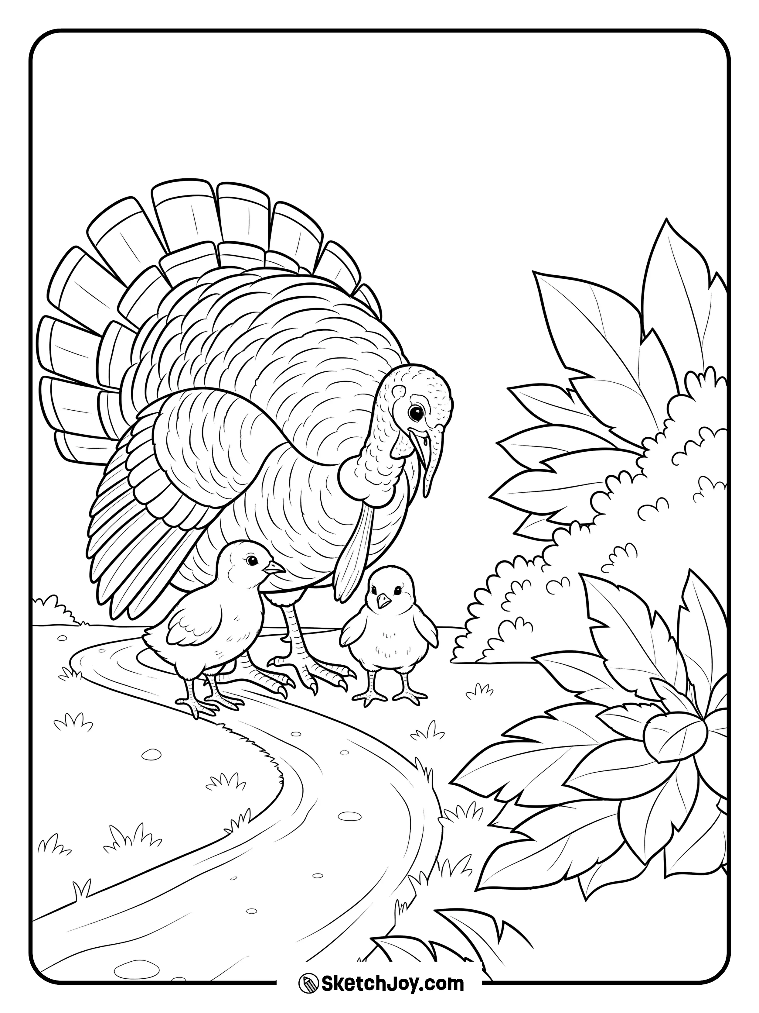 A big turkey leads two small poults on a path.