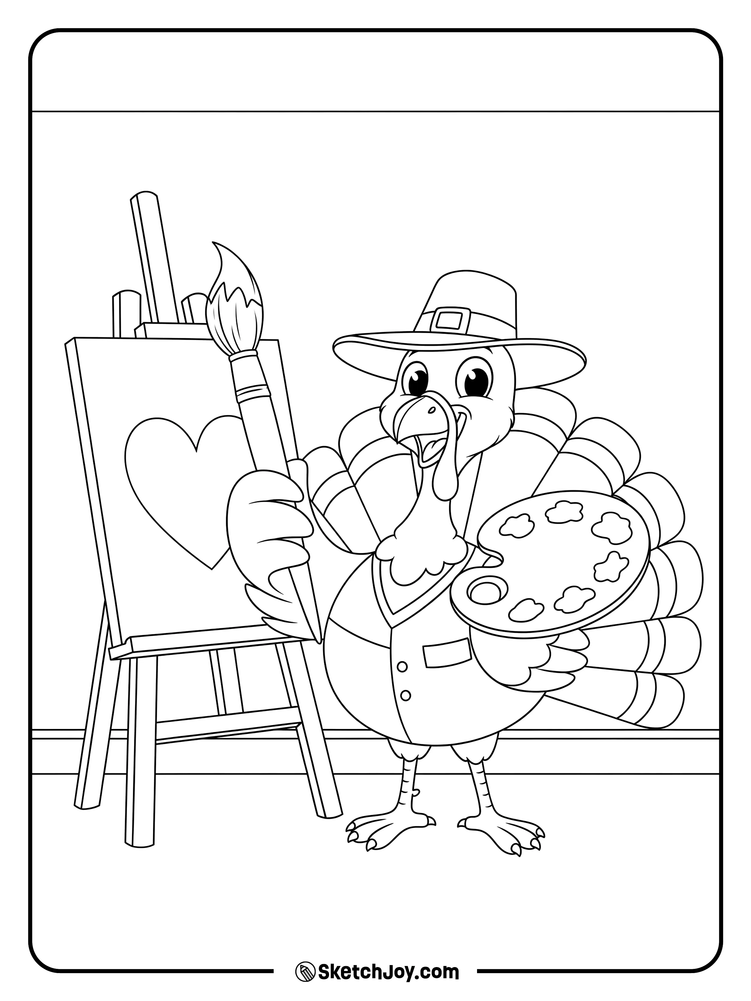 A creative turkey holds a brush and looks at an easel.