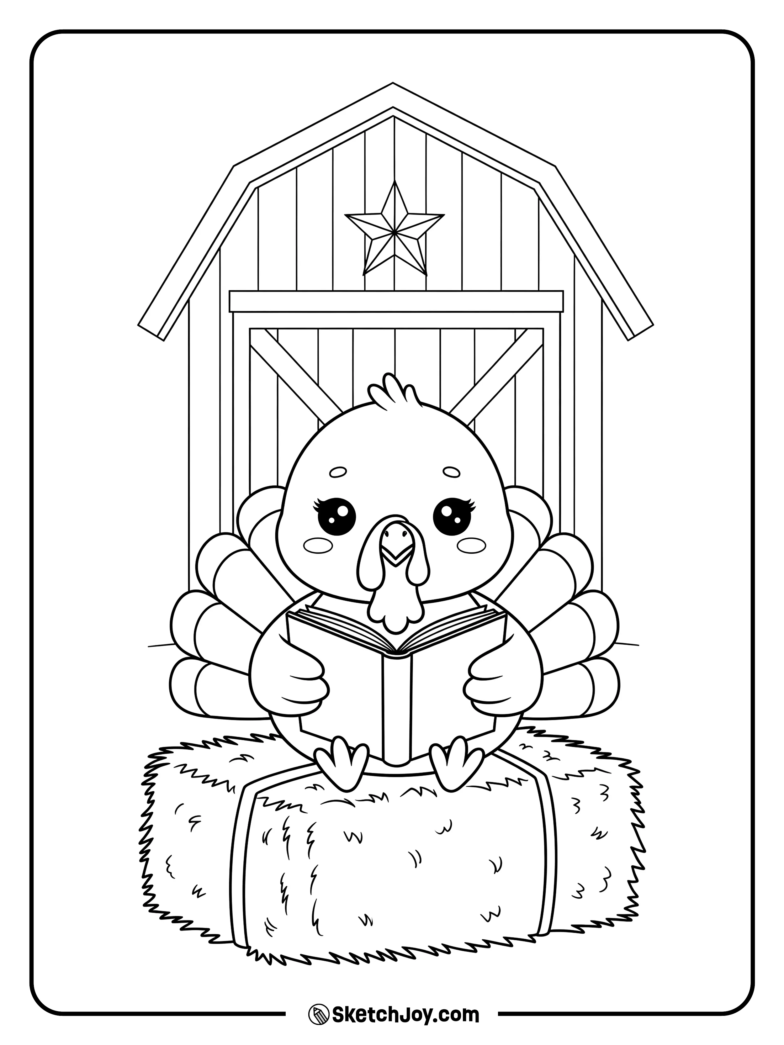 A sweet turkey reads on a hay bale.