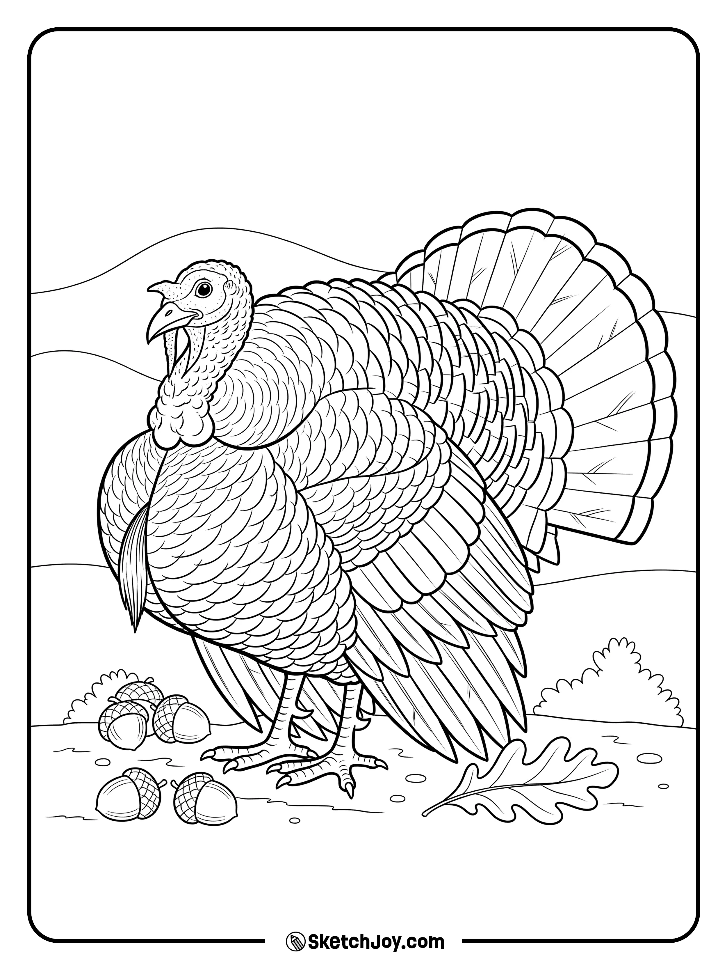 A shy turkey looks at a few fallen acorns.