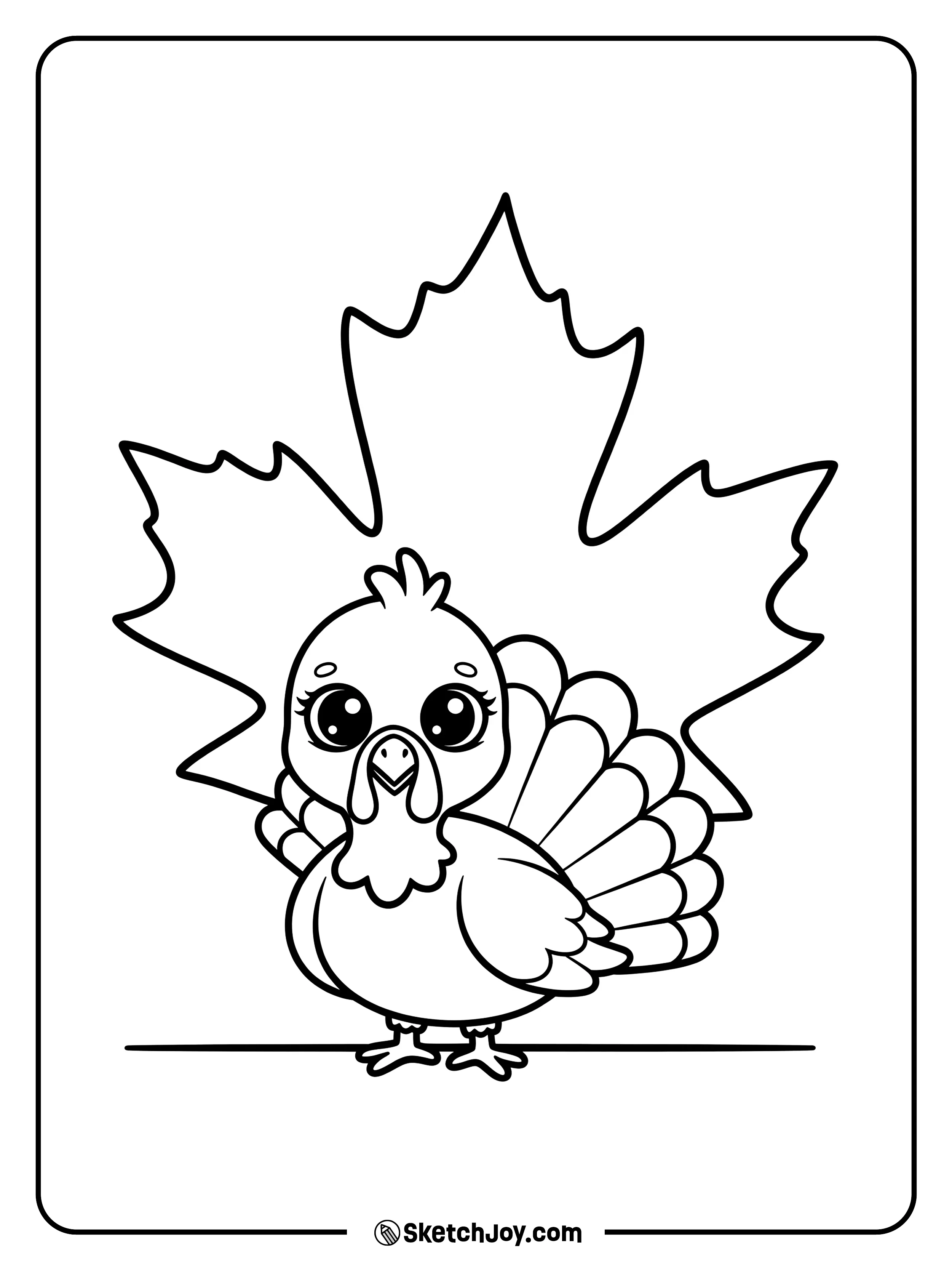 A small turkey poses with a giant leaf behind it.