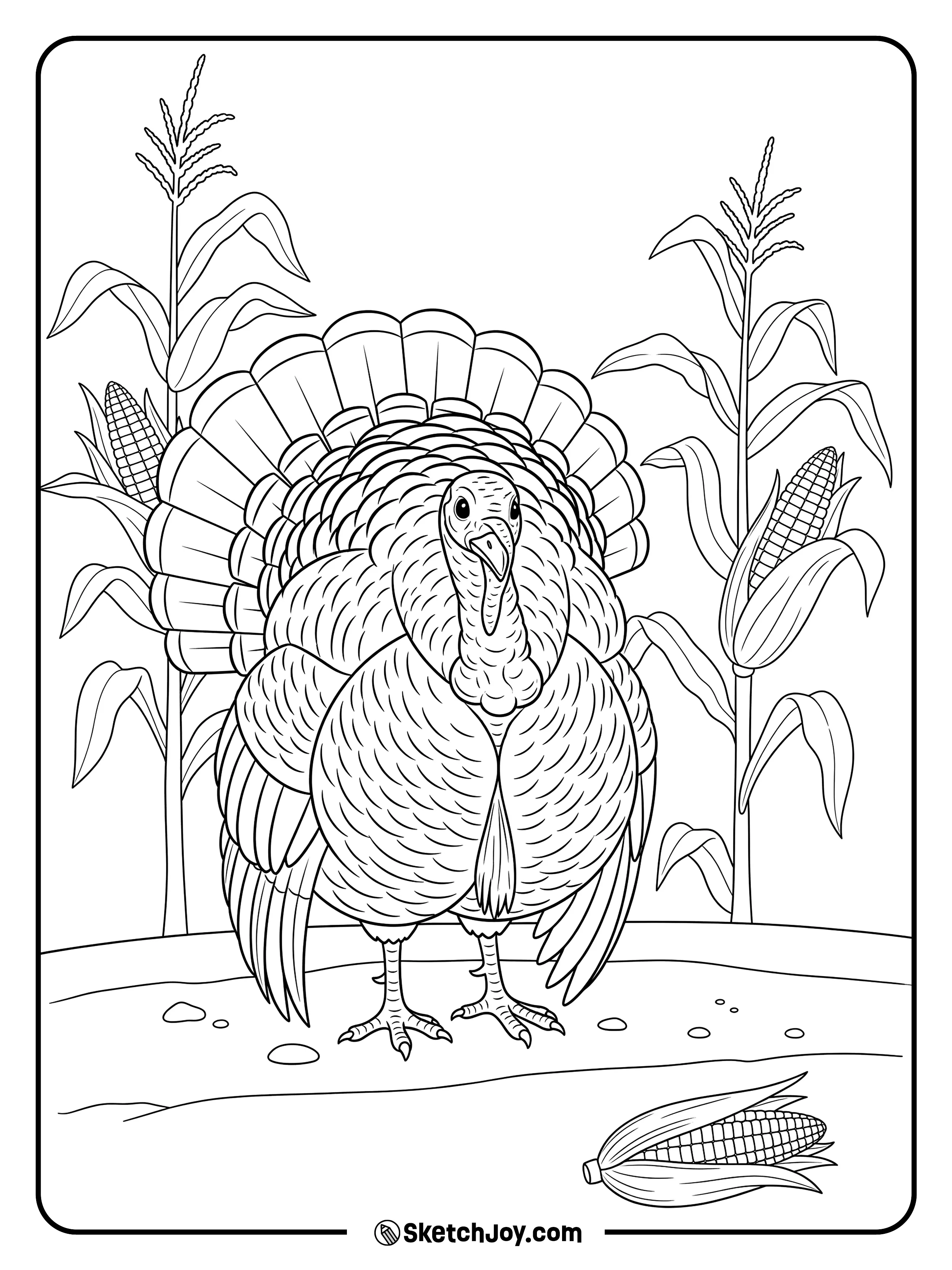 A calm turkey stands by tall corn stalks.