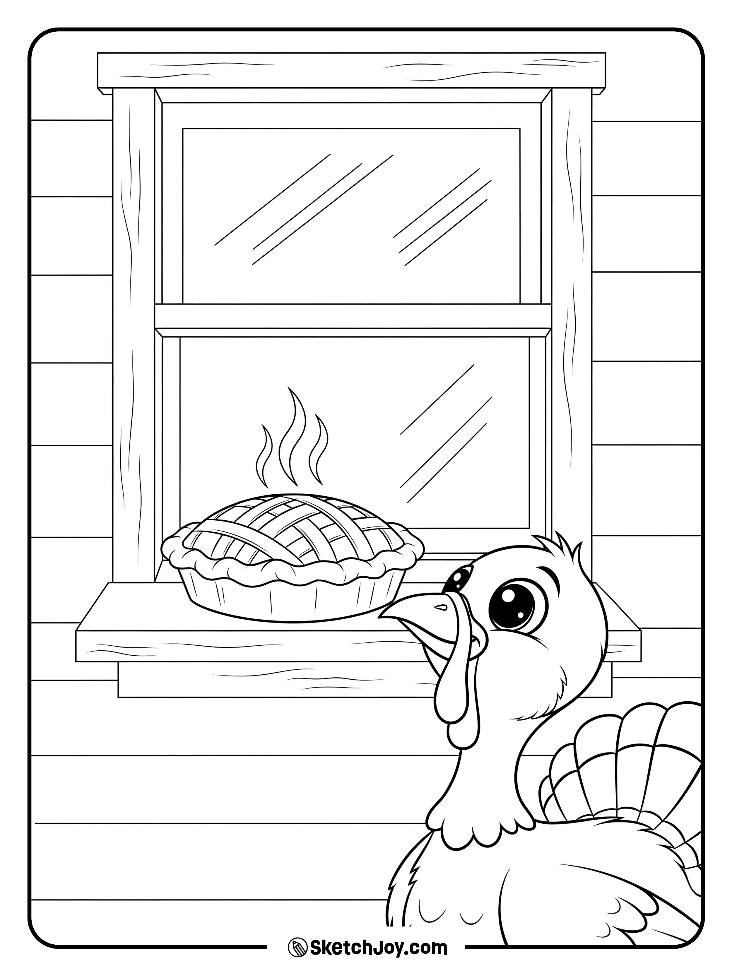 A happy turkey sniffs a pie on a window sill.