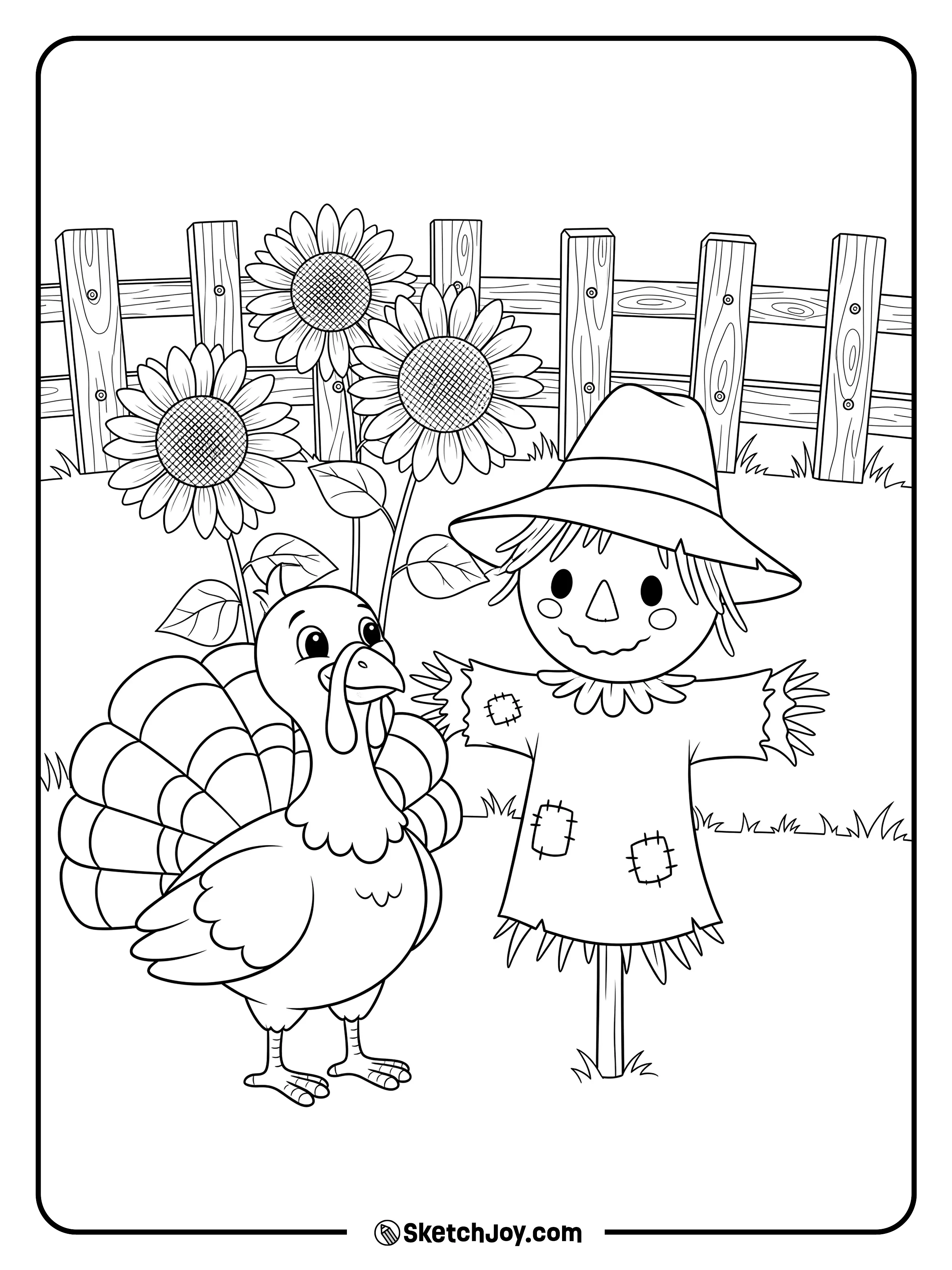 A brave turkey stands beside a friendly scarecrow.