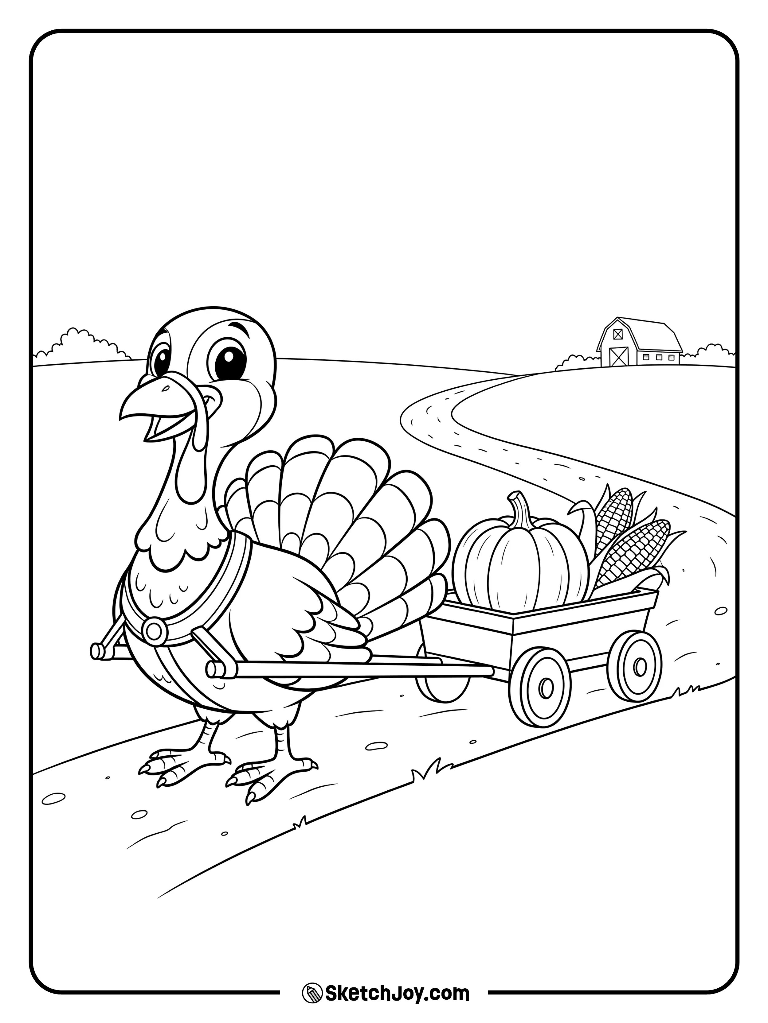 A strong turkey pulls a small wagon of crops.