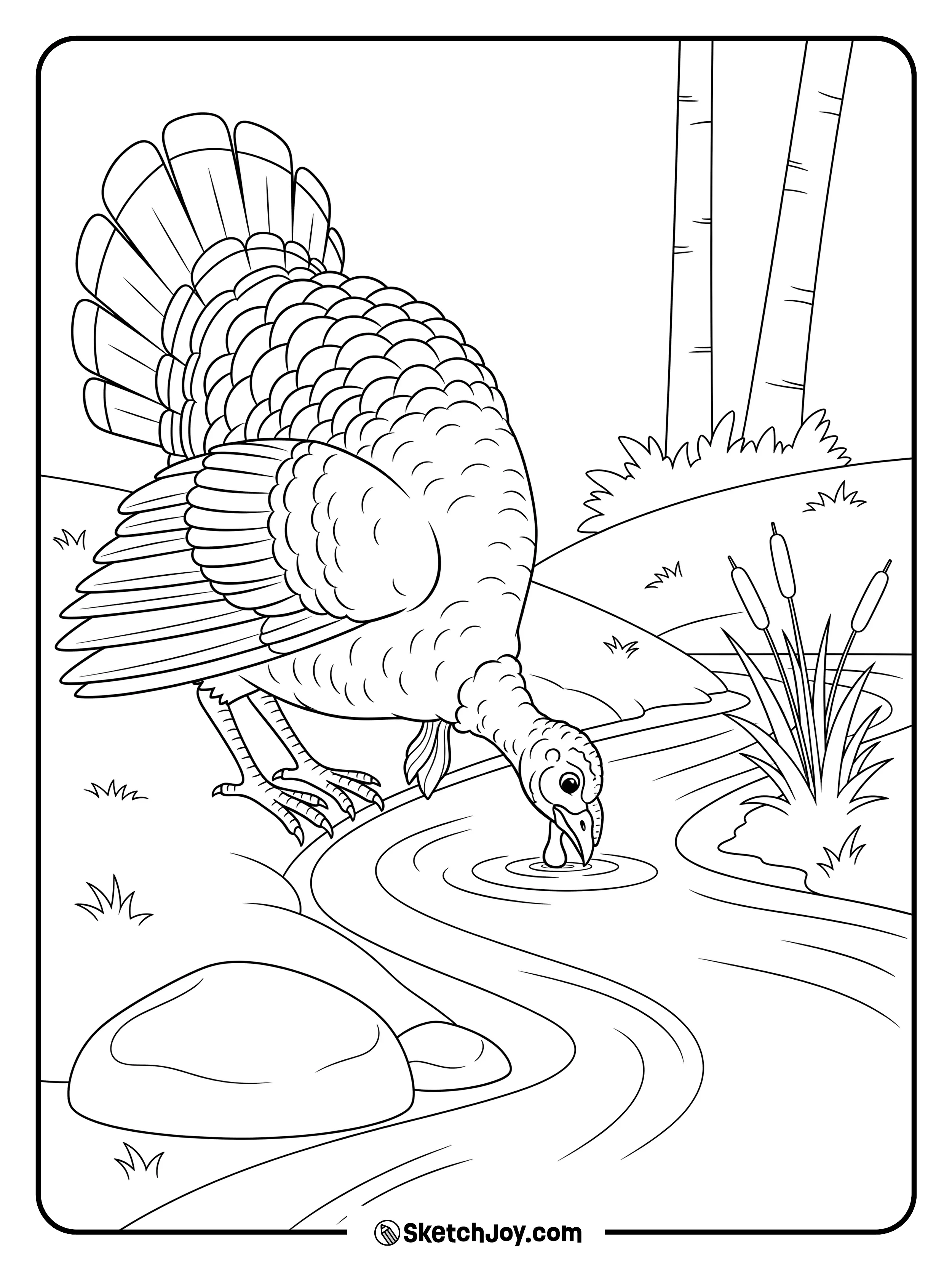 A quiet turkey drinks from a slow stream.