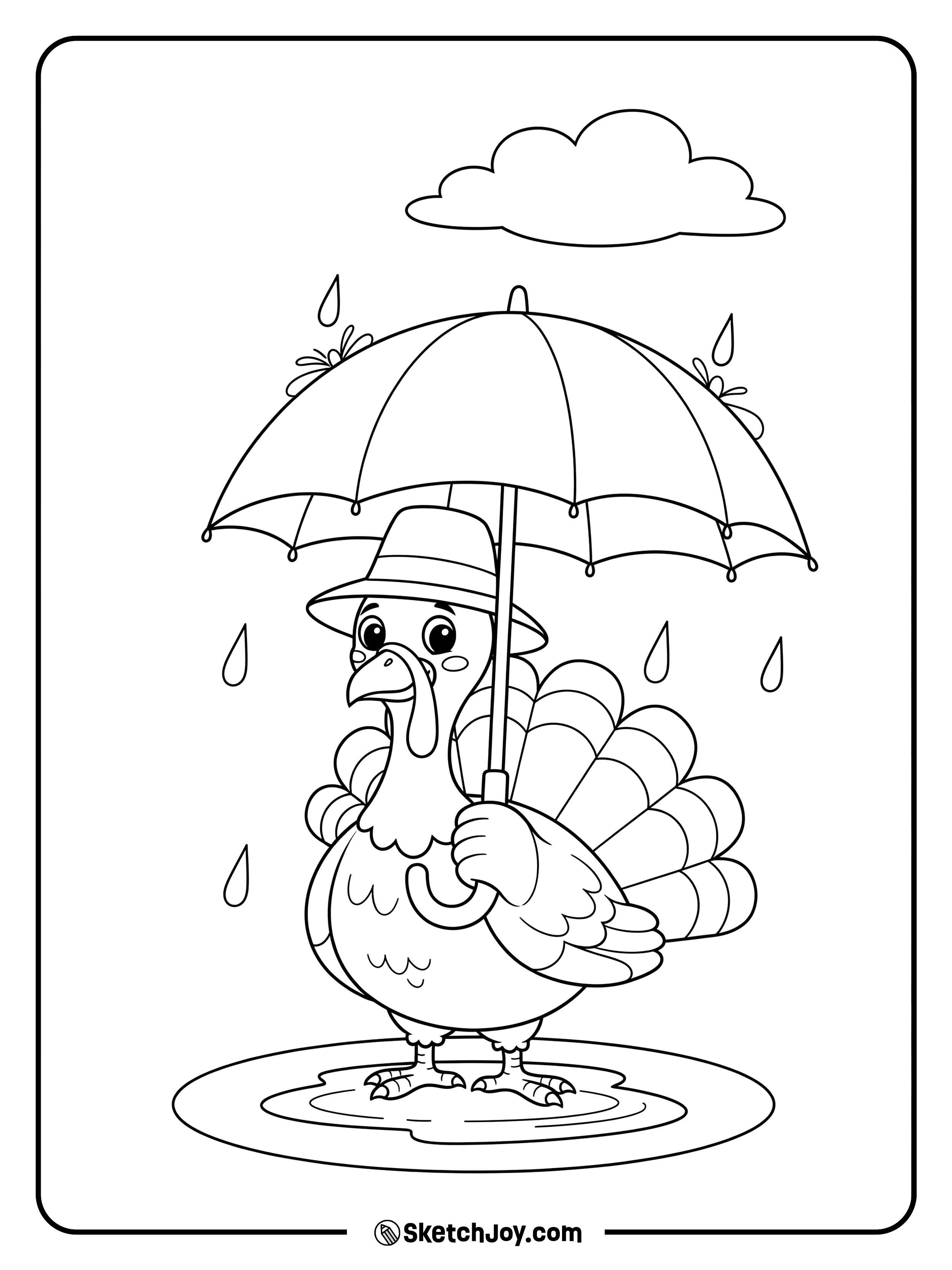 A silly turkey holds a big umbrella in light rain.