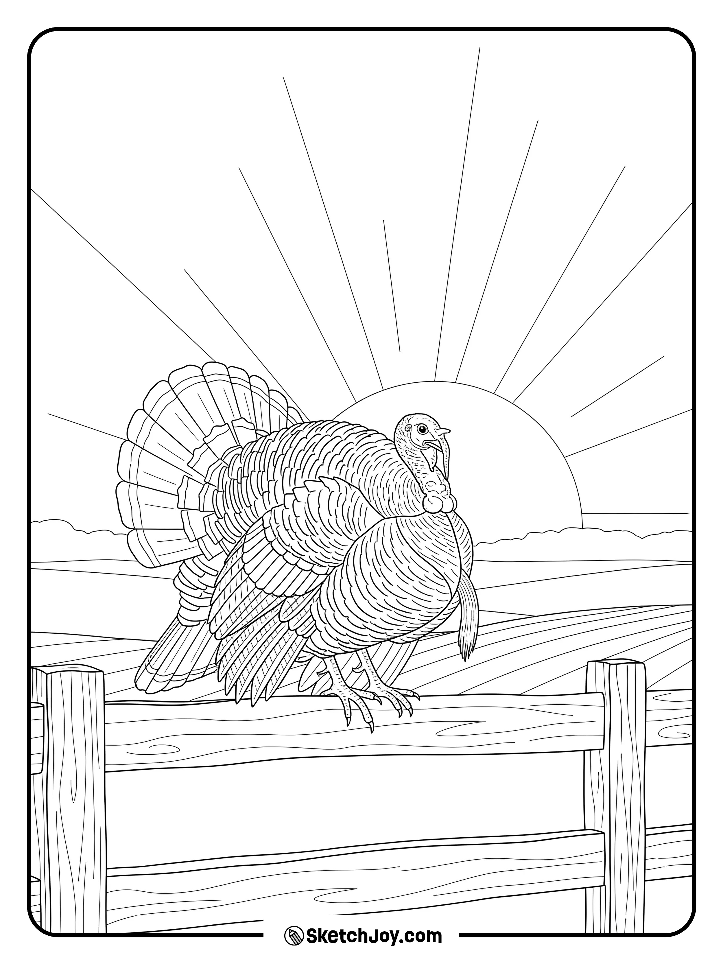 A proud turkey stands on a fence rail at dawn.