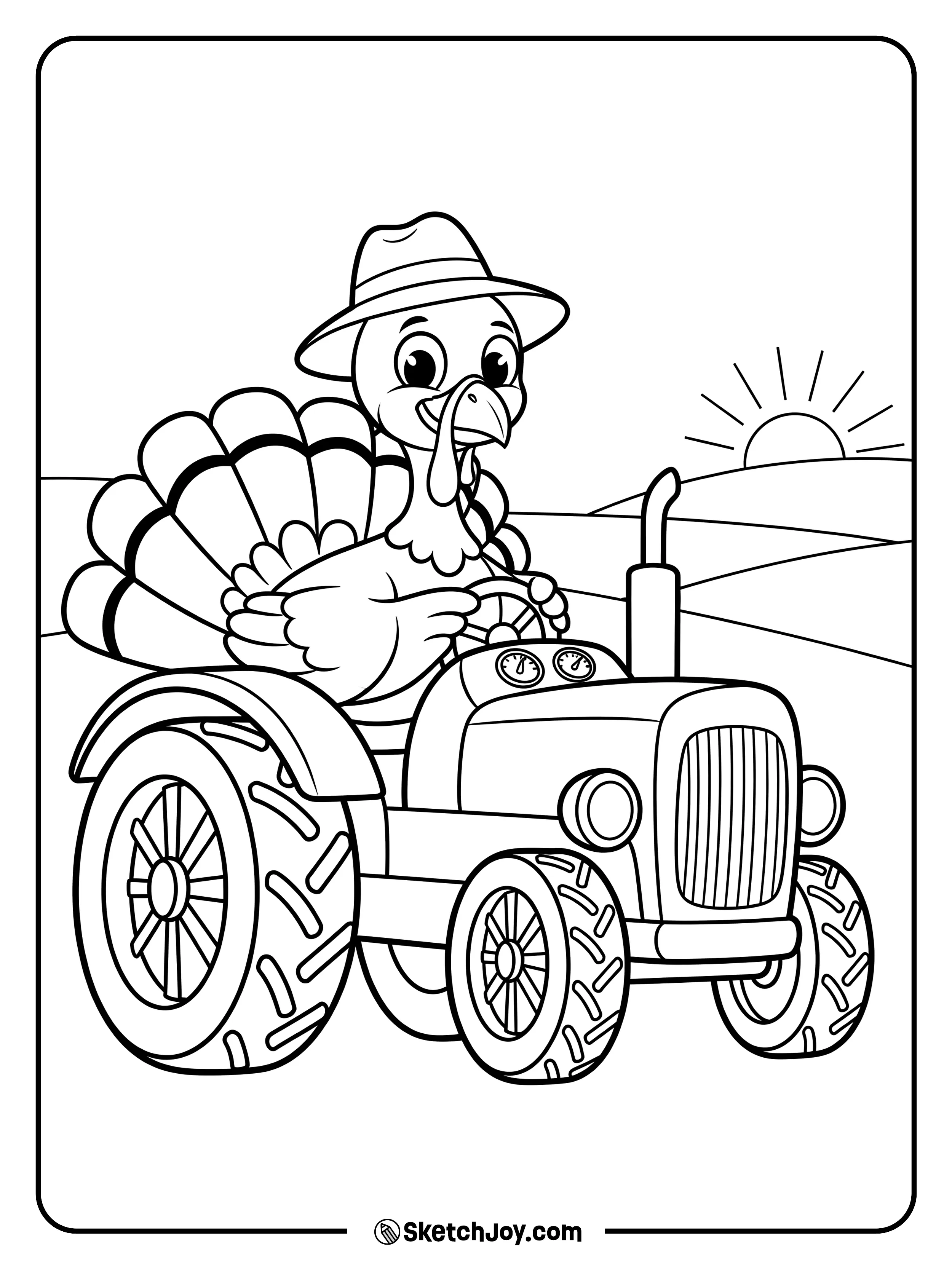 A goofy turkey rides a small tractor in a field.