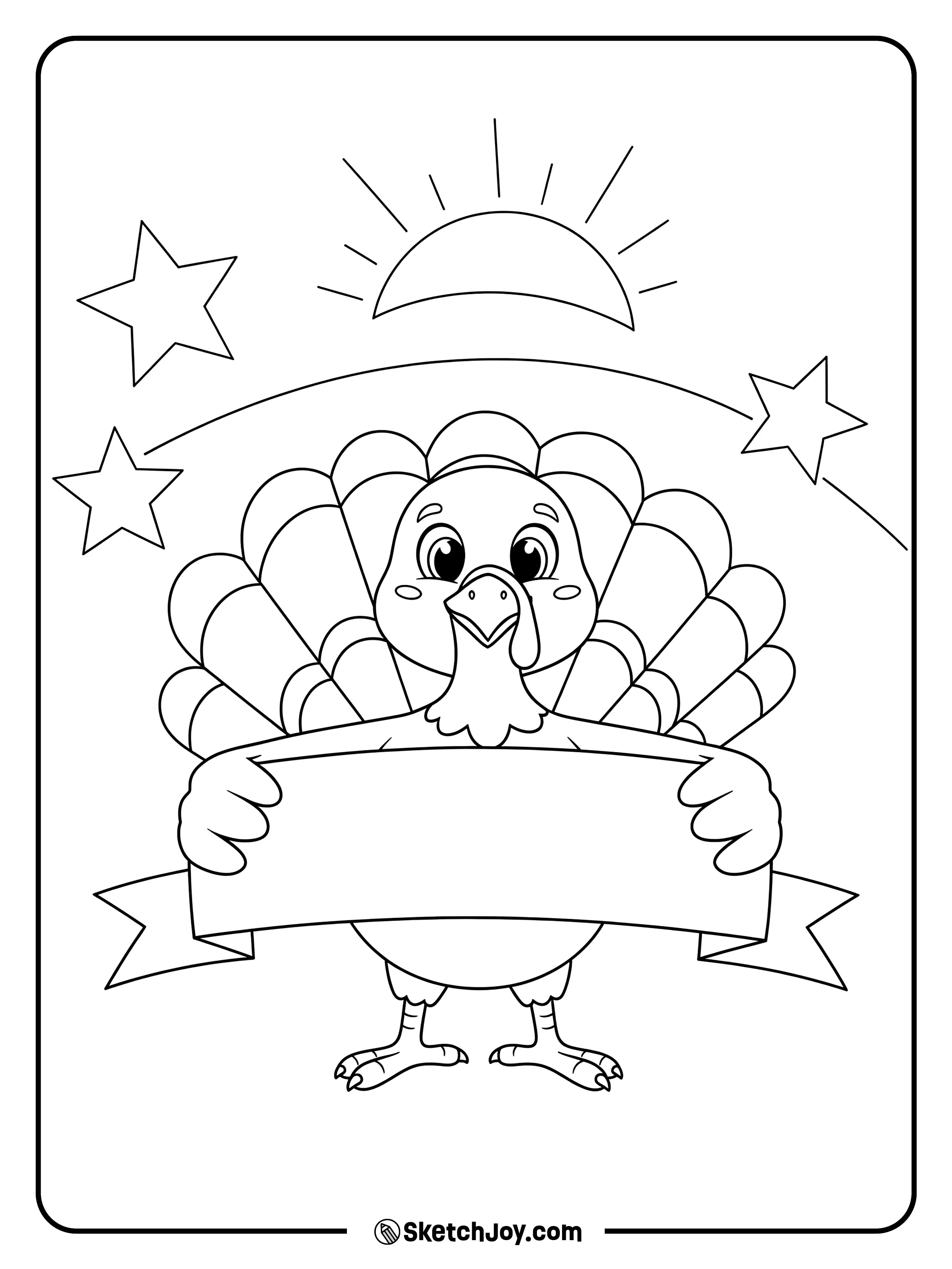 A happy turkey holds a blank banner for notes.
