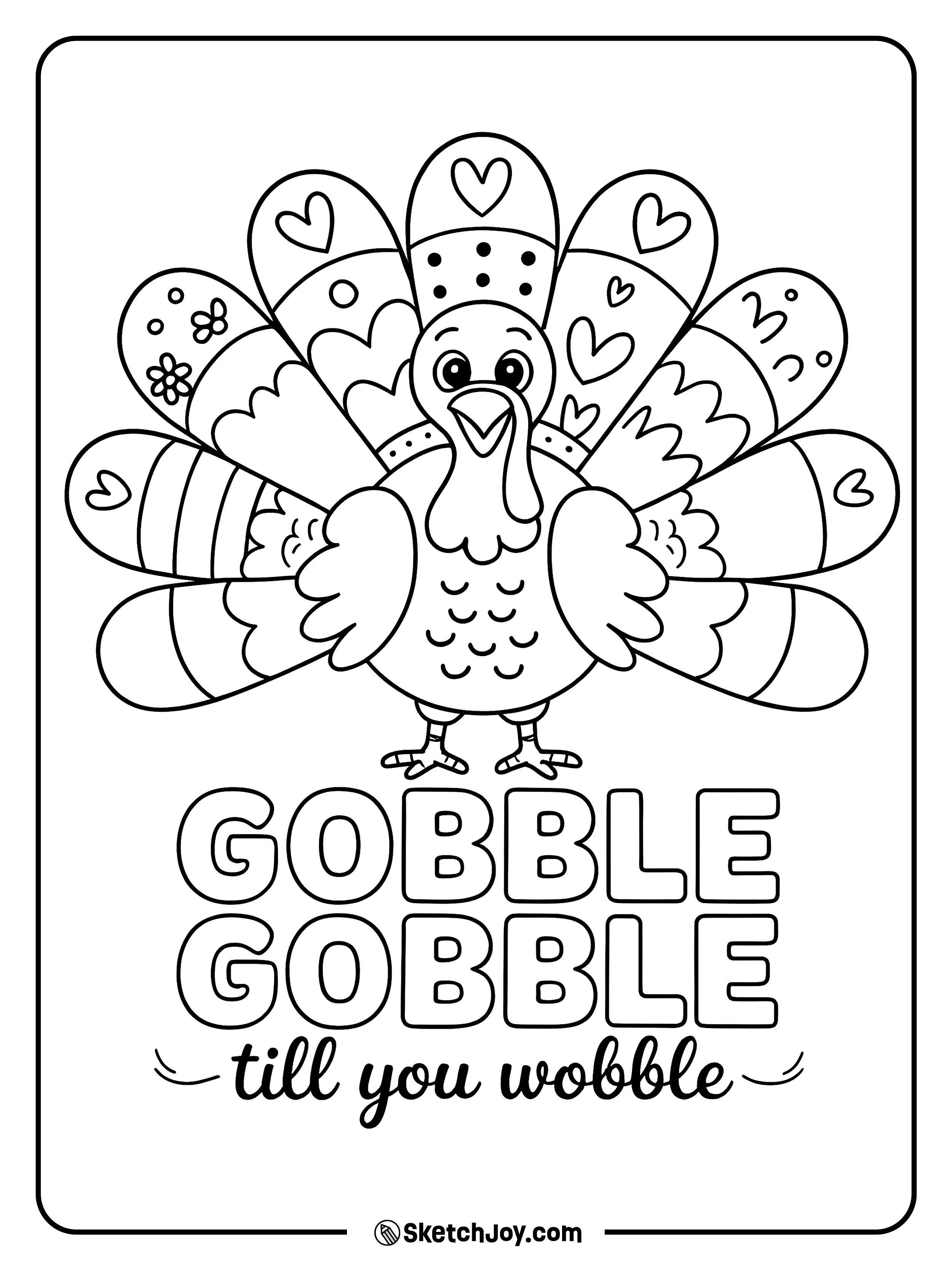 A cheerful turkey shows a patterned tail above fun word art.