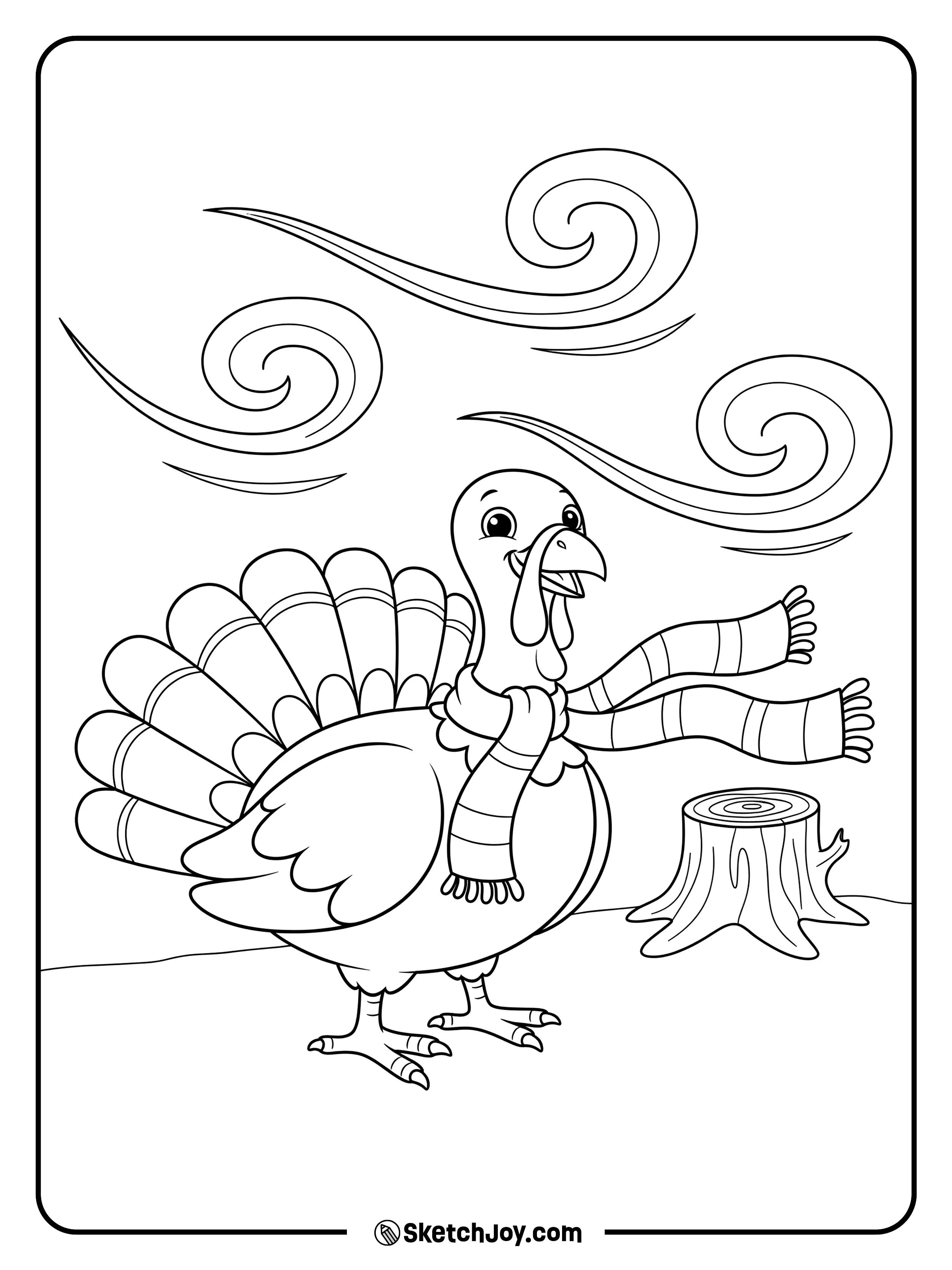 A cozy turkey wears a striped scarf in the wind.