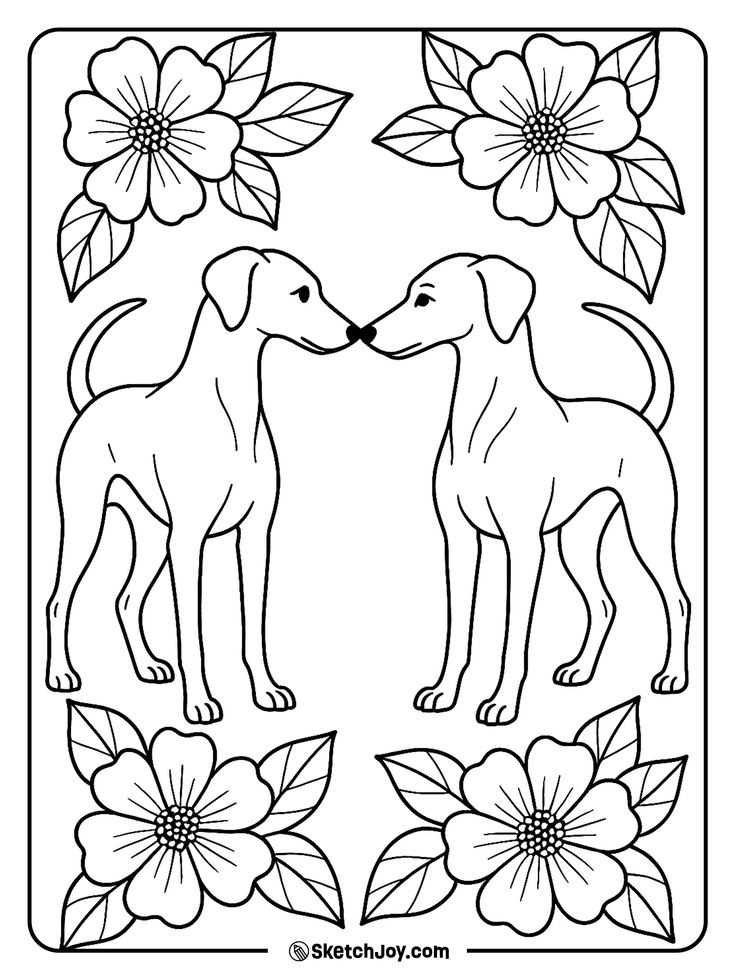 Two dogs face each other with flowing floral shapes around.