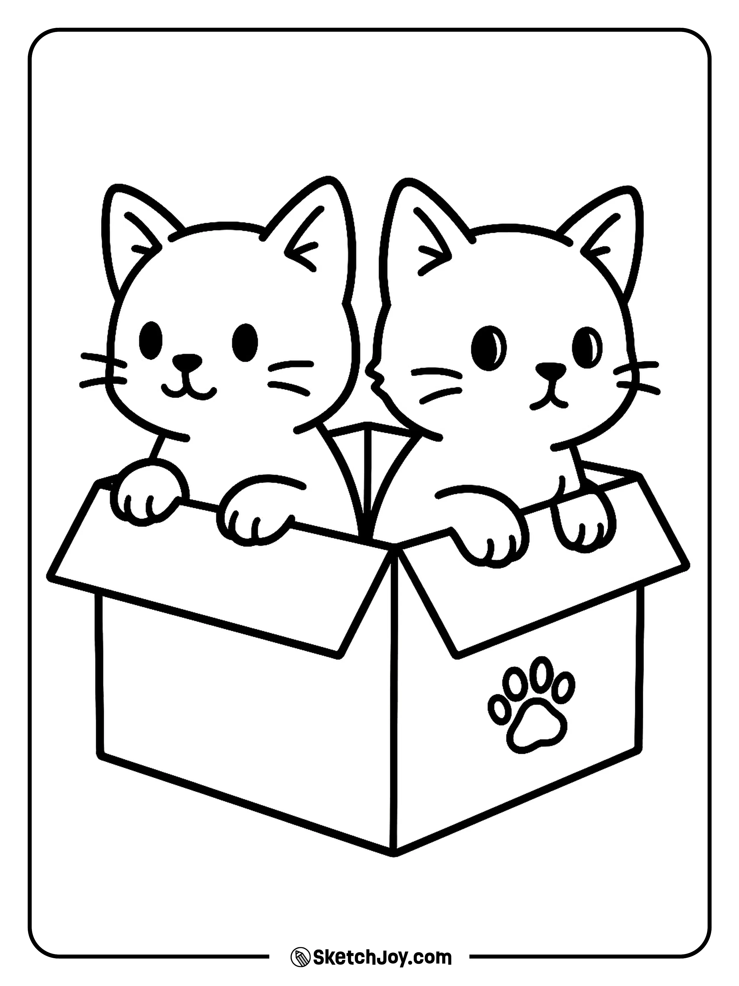 Two cute kittens peek out from a plain cardboard box.