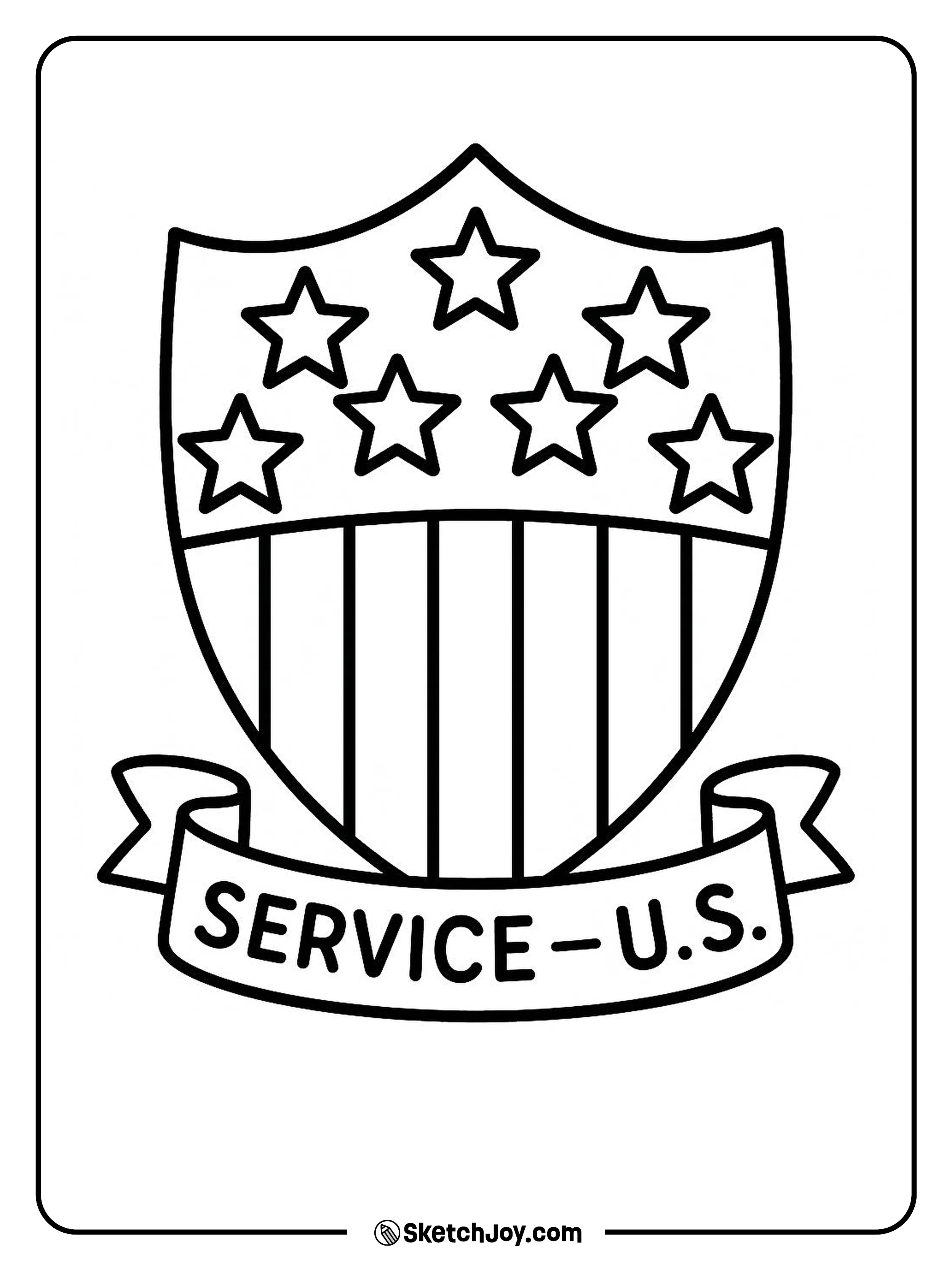 A shield holds U.S. stars and stripes in bold blocks.