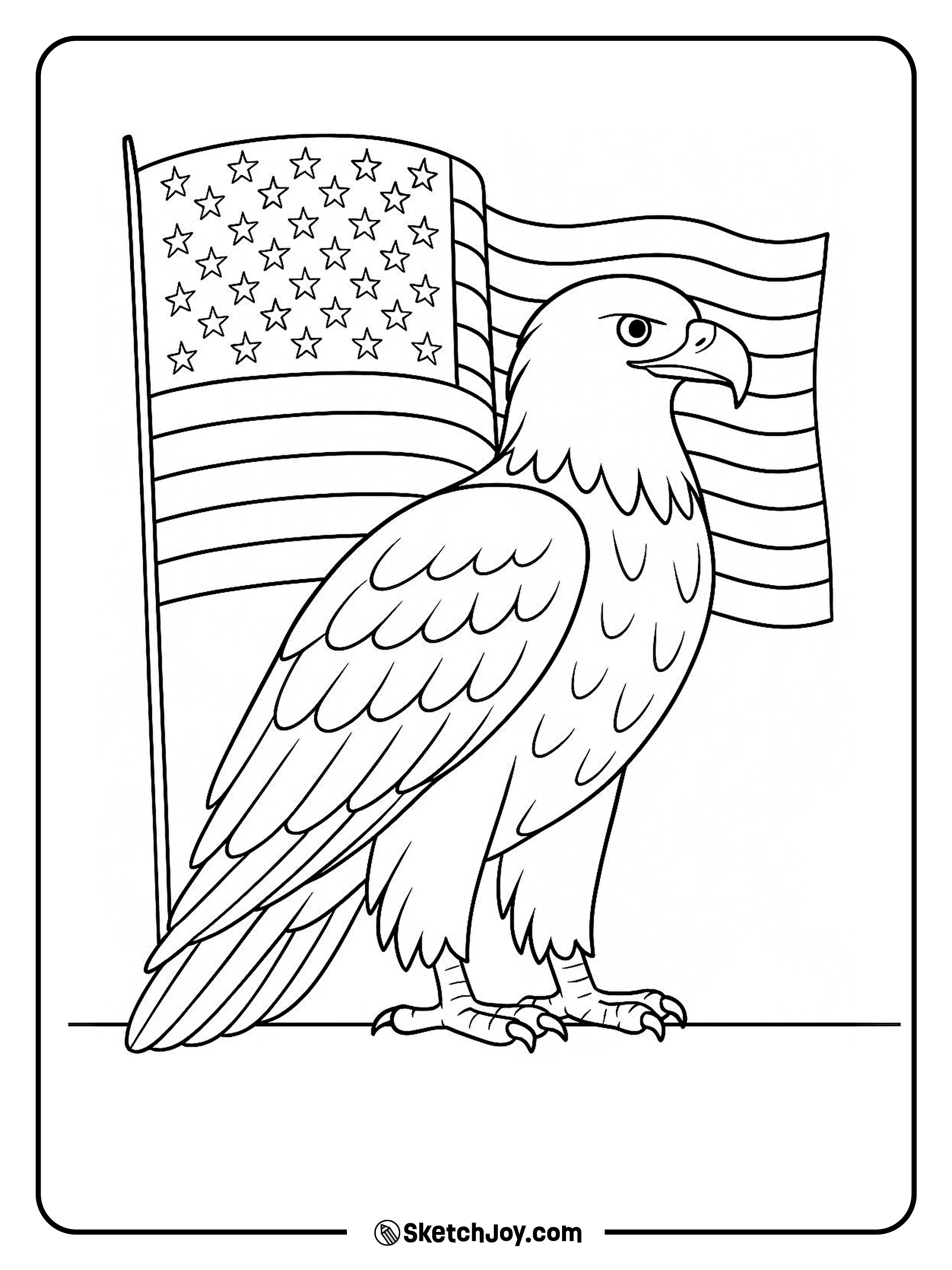 A proud bald eagle stands before the U.S. flag.