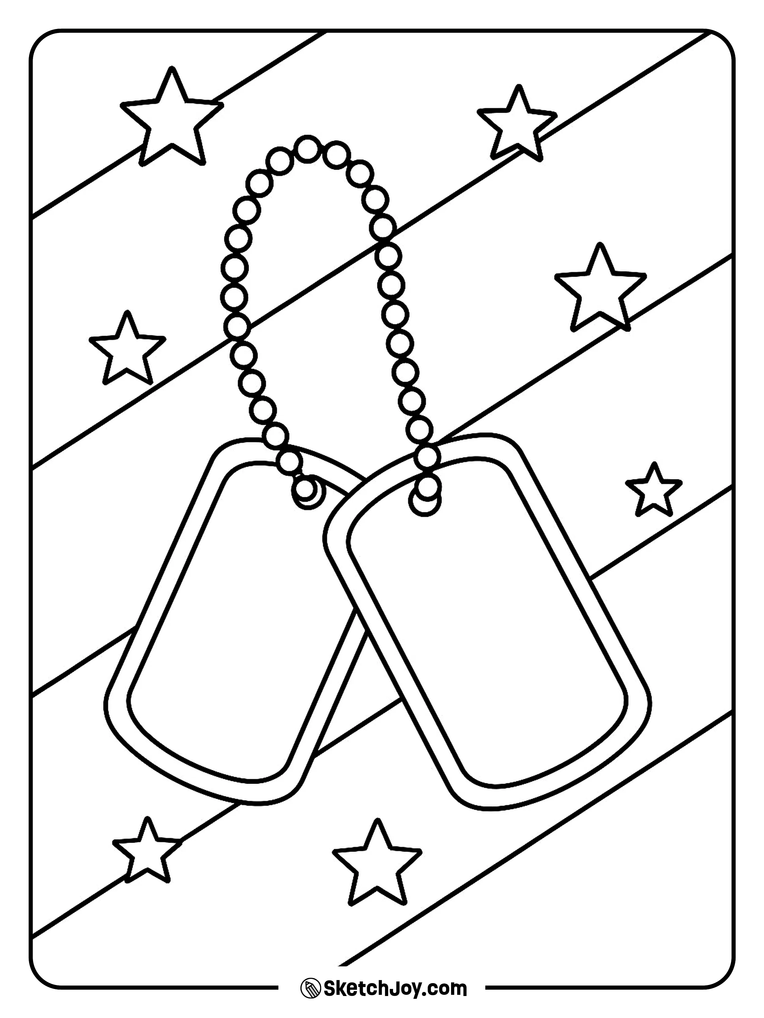 A pair of U.S. dog tags hangs with stars.