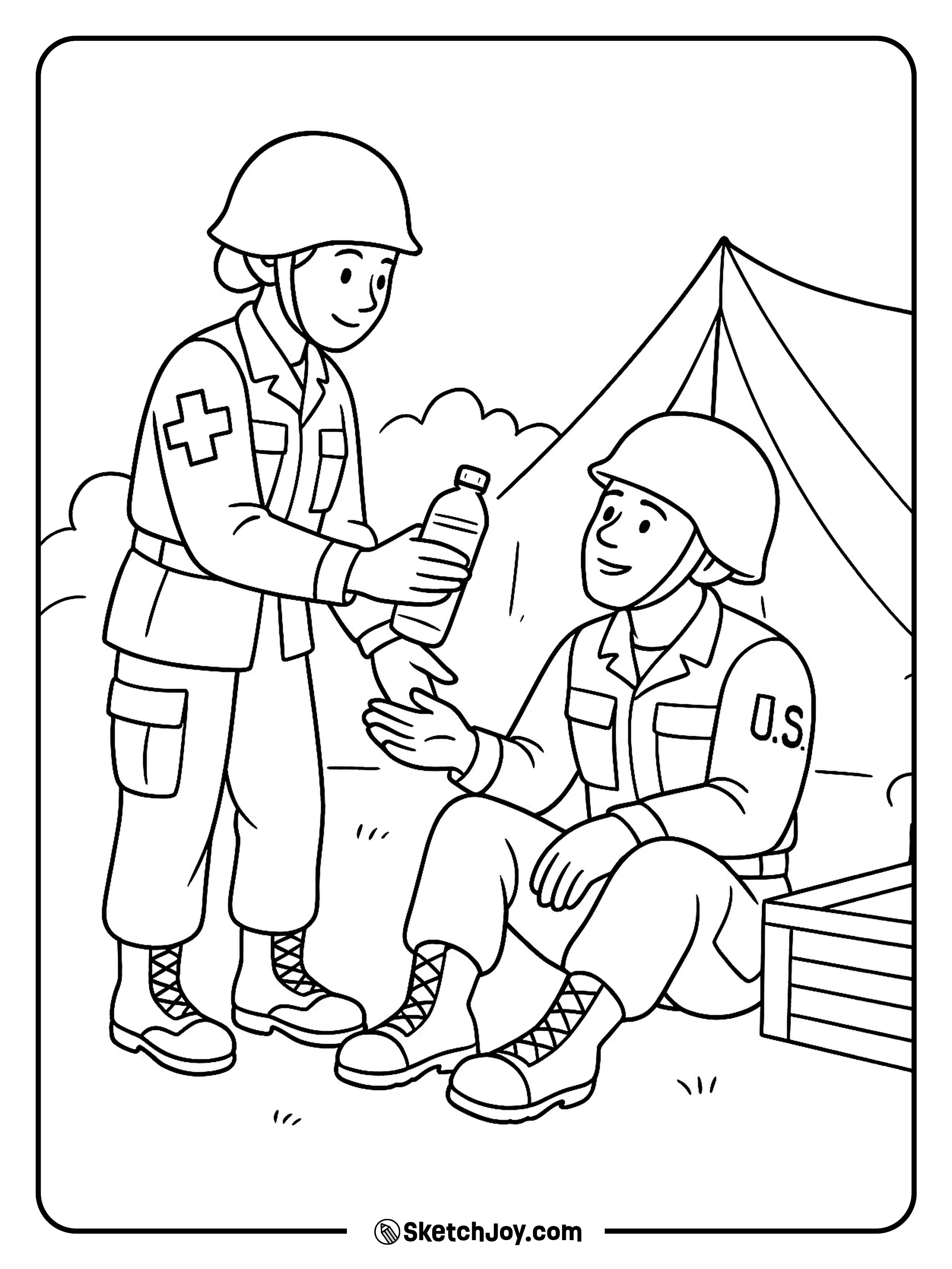 A U.S. medic shares a water bottle with a friend.
