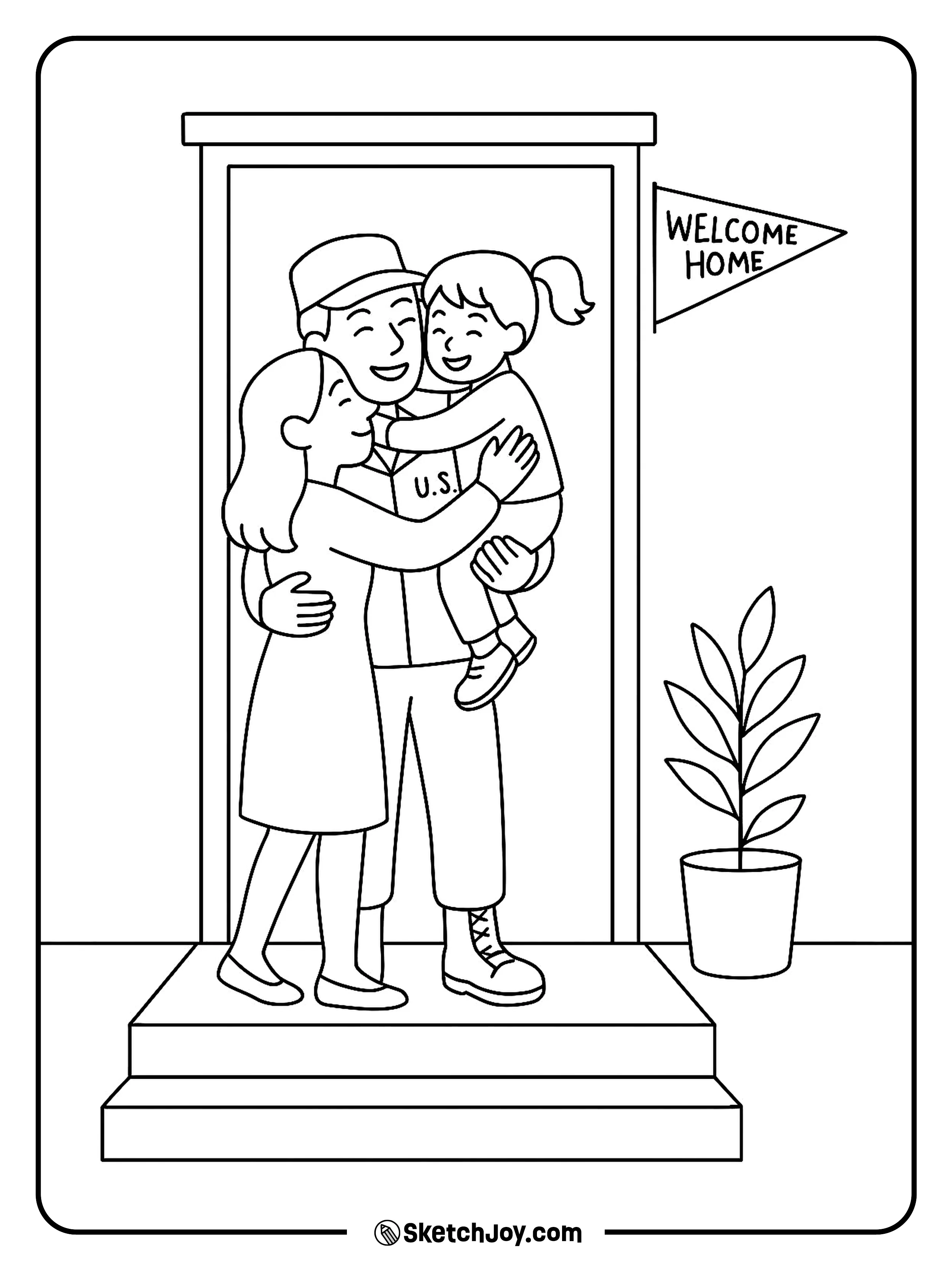A family hugs at the door with a small banner.
