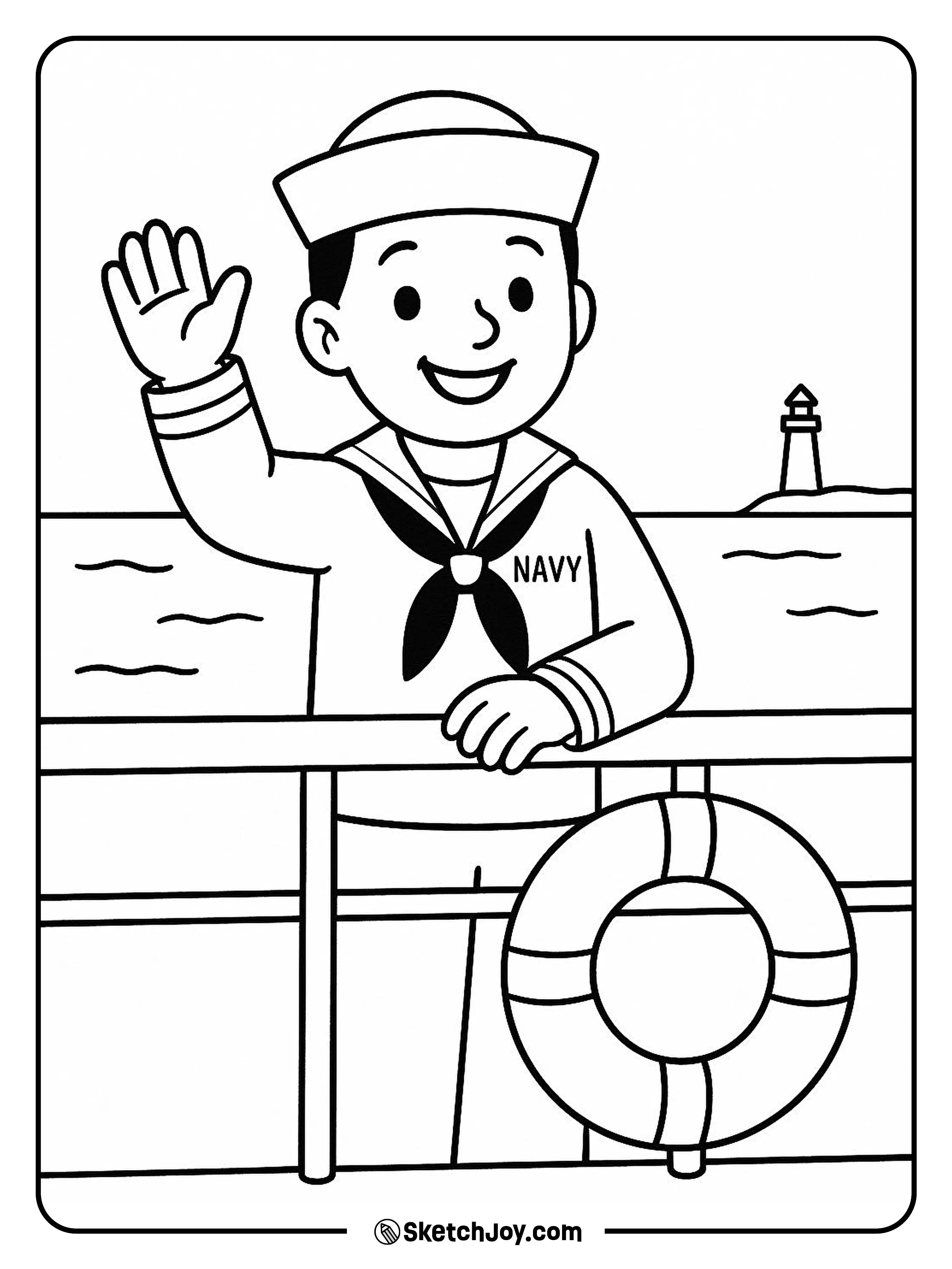 A U.S. sailor greets from a ship rail.