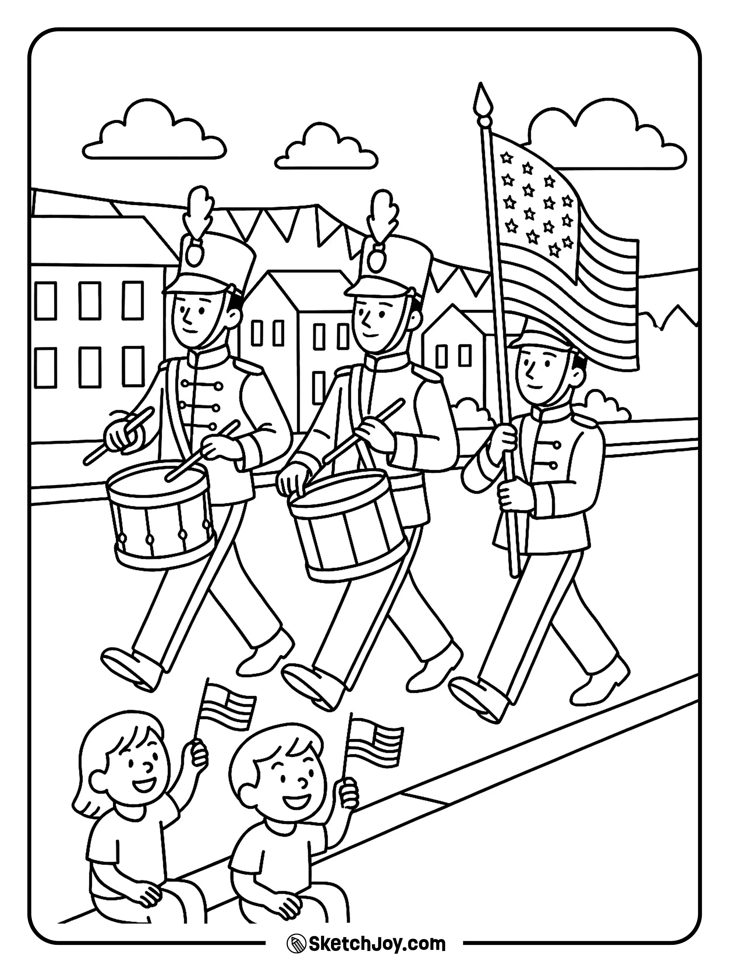 Kids watch a small U.S. march with drums.