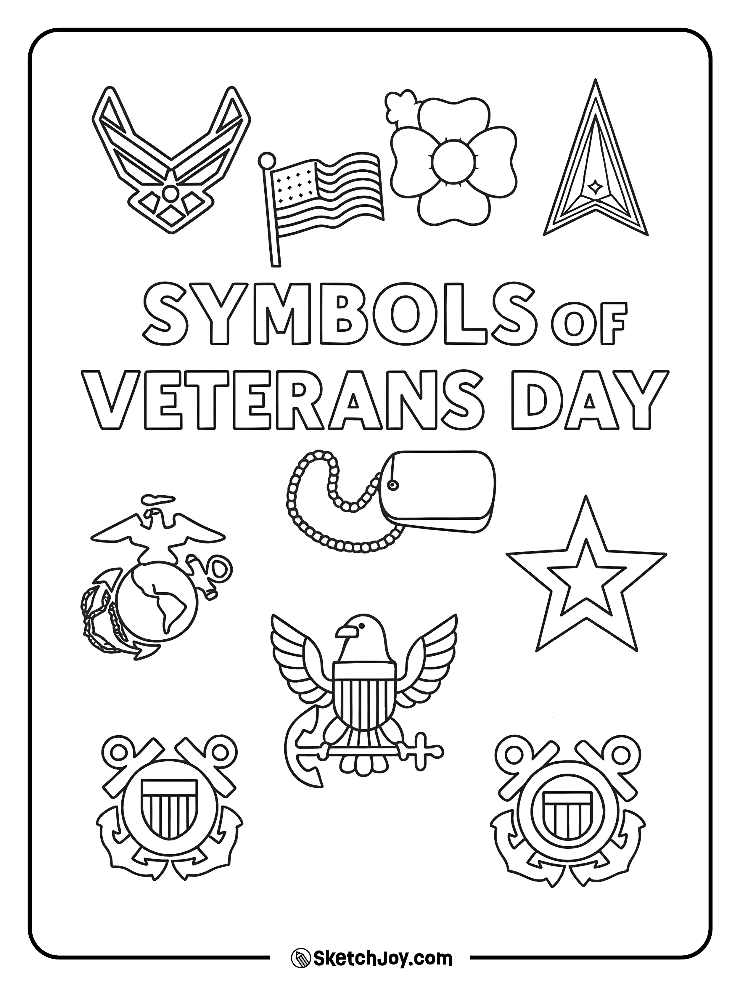 A page of simple U.S. service symbols with a big title.