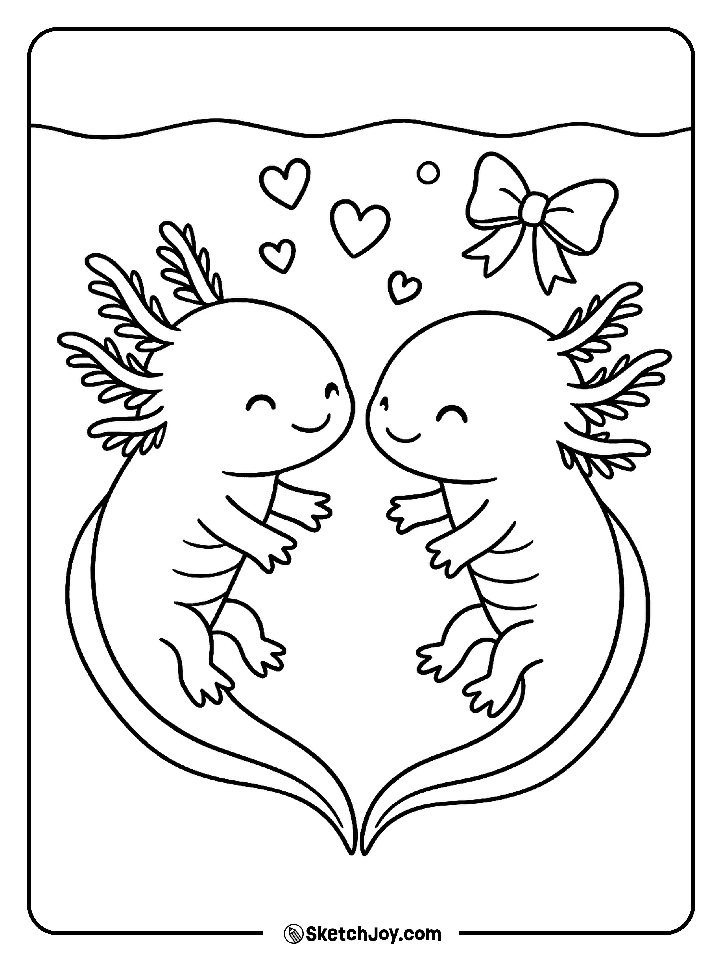 Two axolotls form a heart shape with tails and frills.
