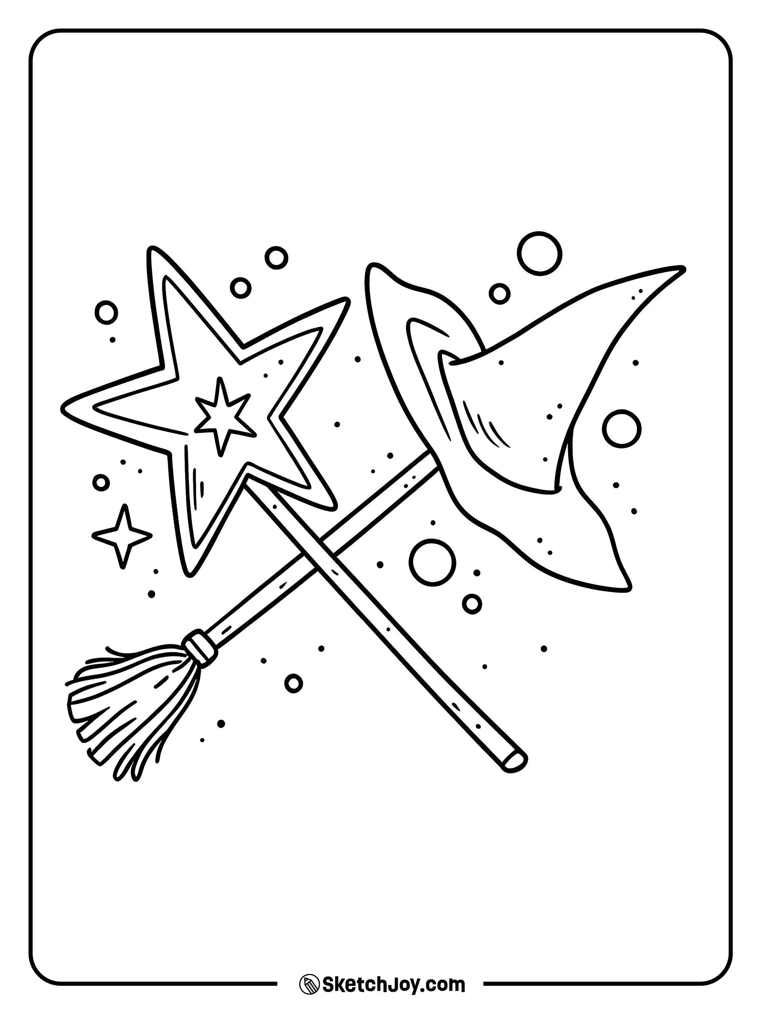 A star wand crosses a witch hat with small dots and stars around.