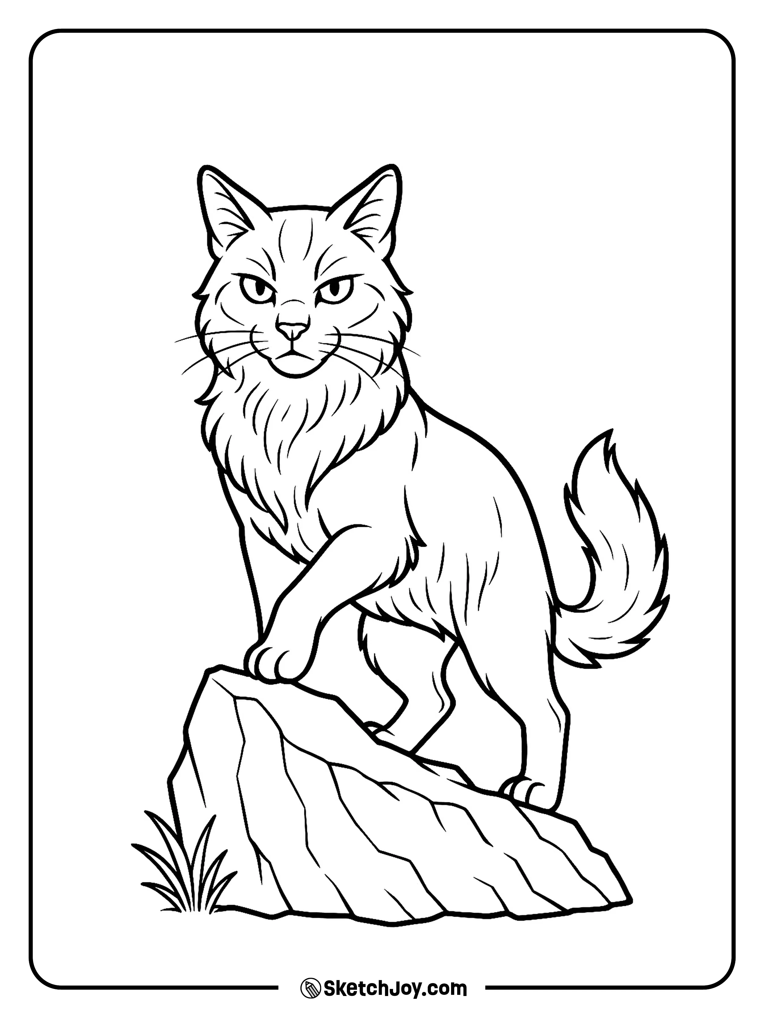 A fierce cat stands on a rock with sharp eyes and a strong pose.