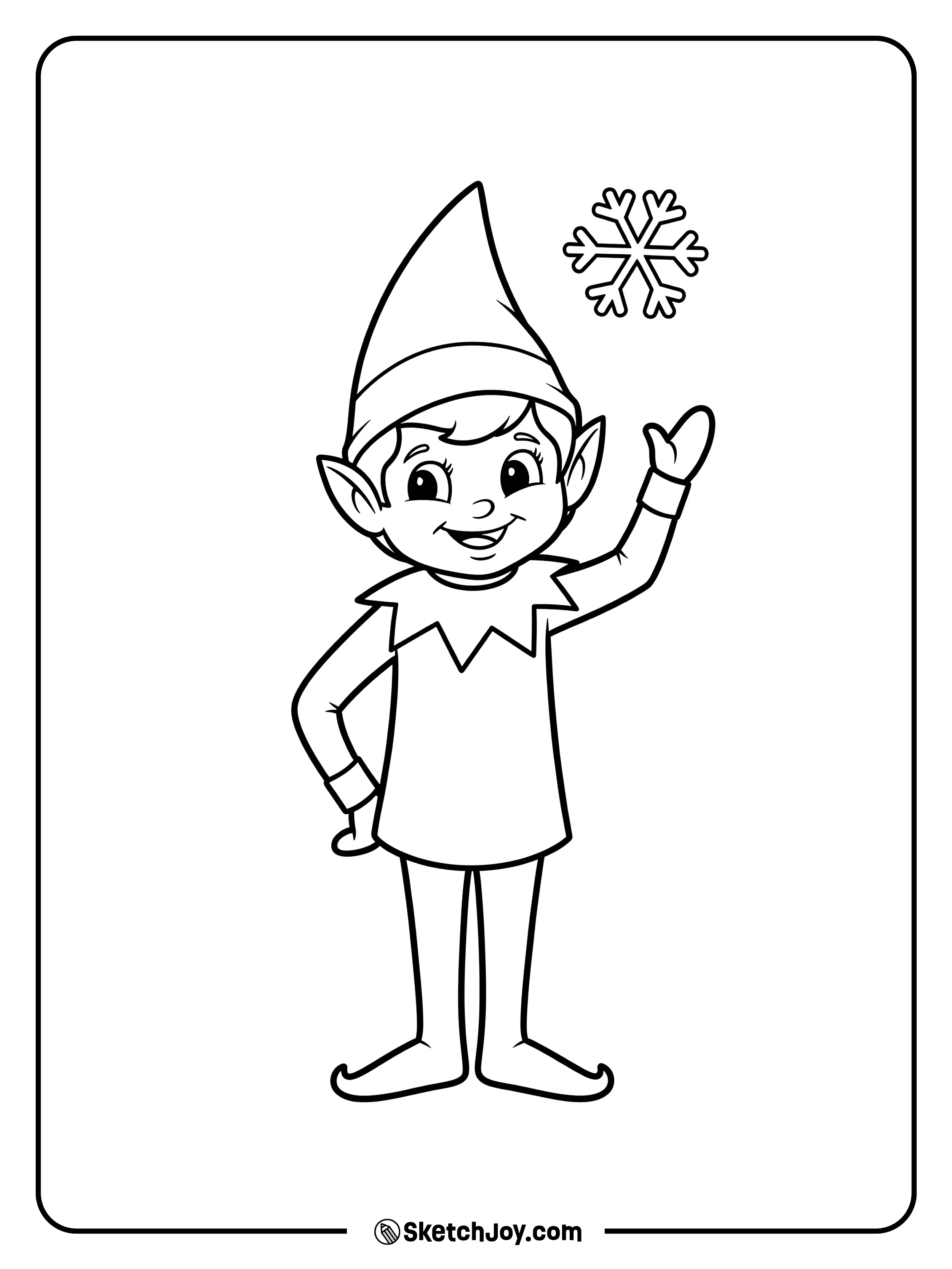 The elf waves with a bright grin.