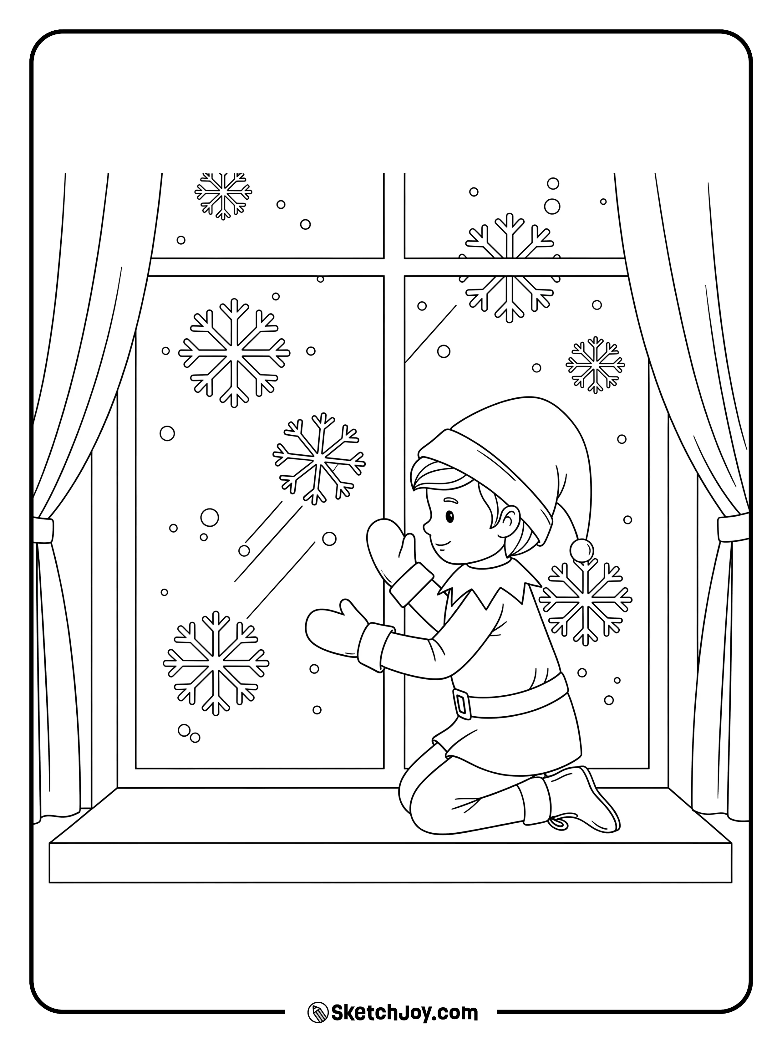 The elf watches snowflakes drift by the window.