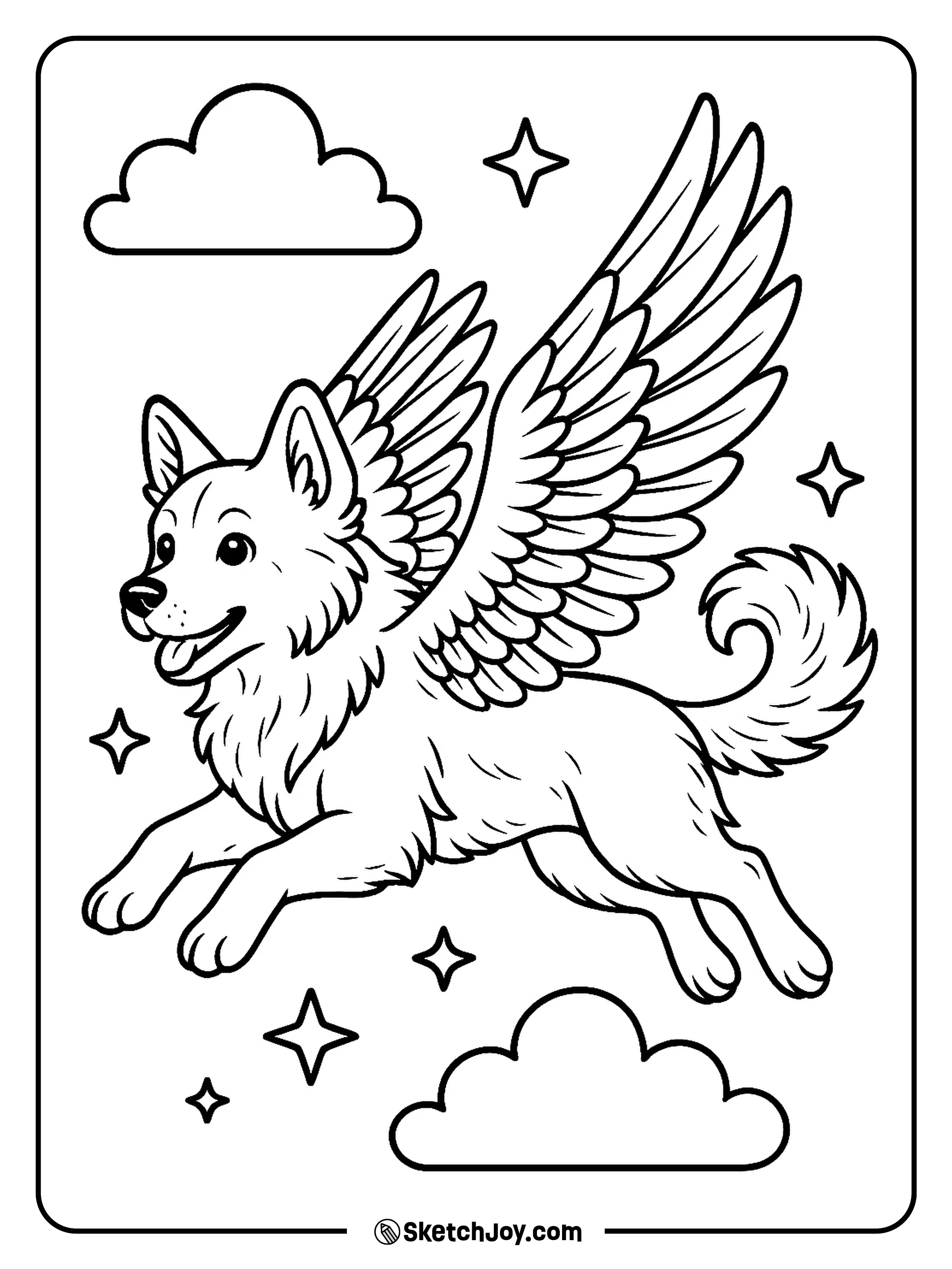 A magical dog with wings flies among clouds and stars.