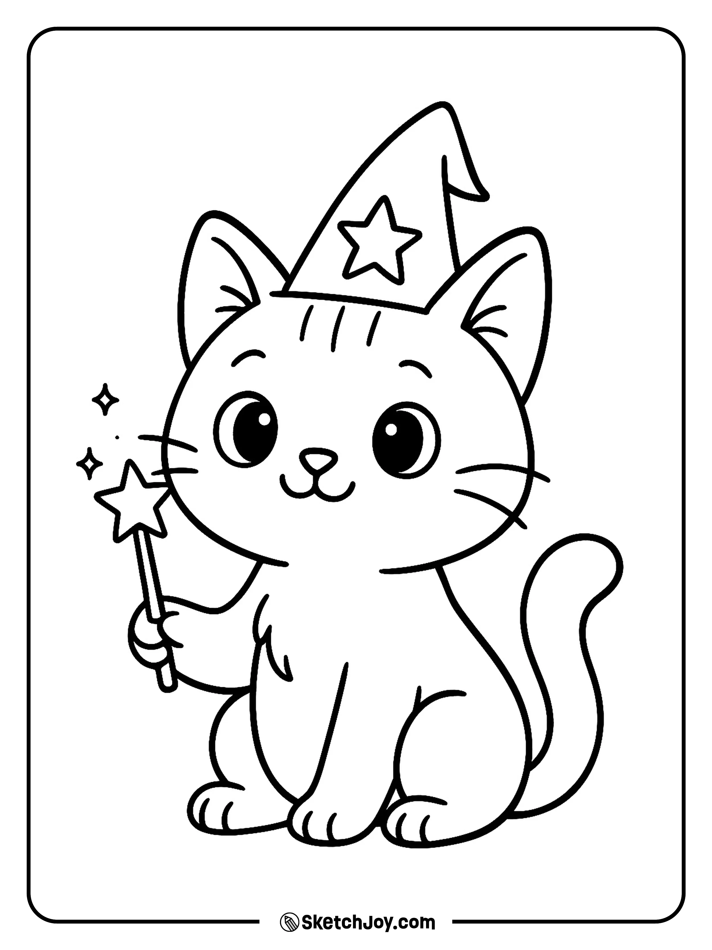 A cute cat wears a wizard hat and holds a small star wand.