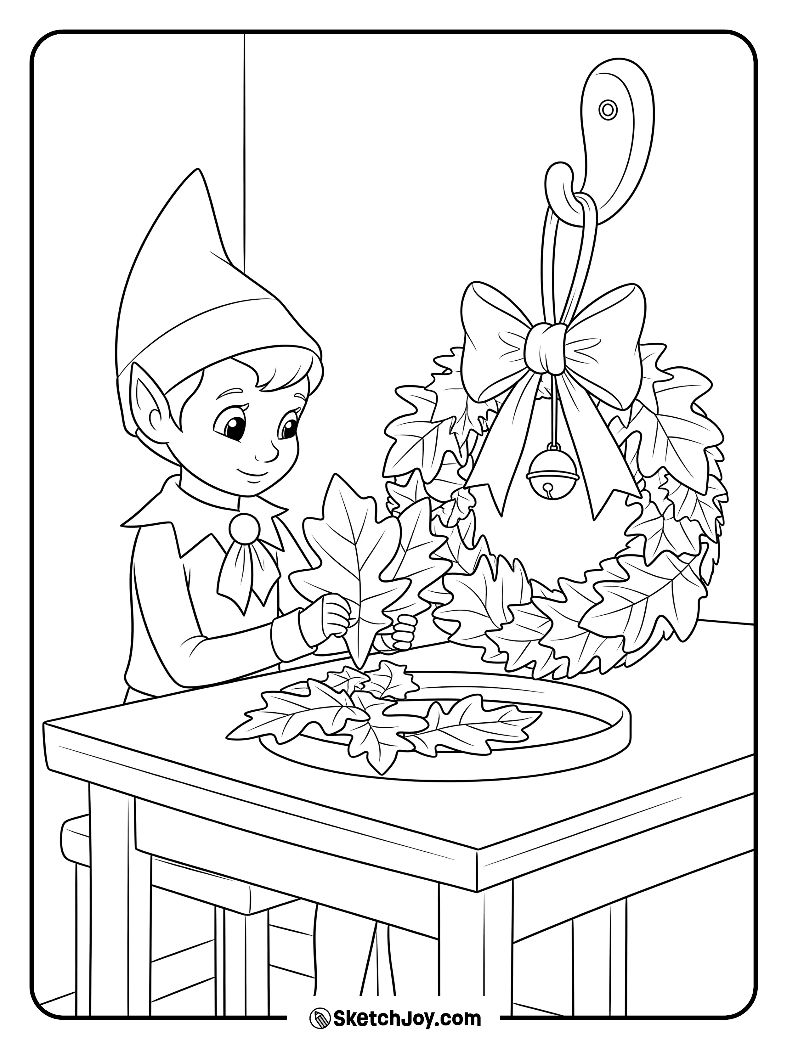 The elf builds a wreath with big leaves and a bow.