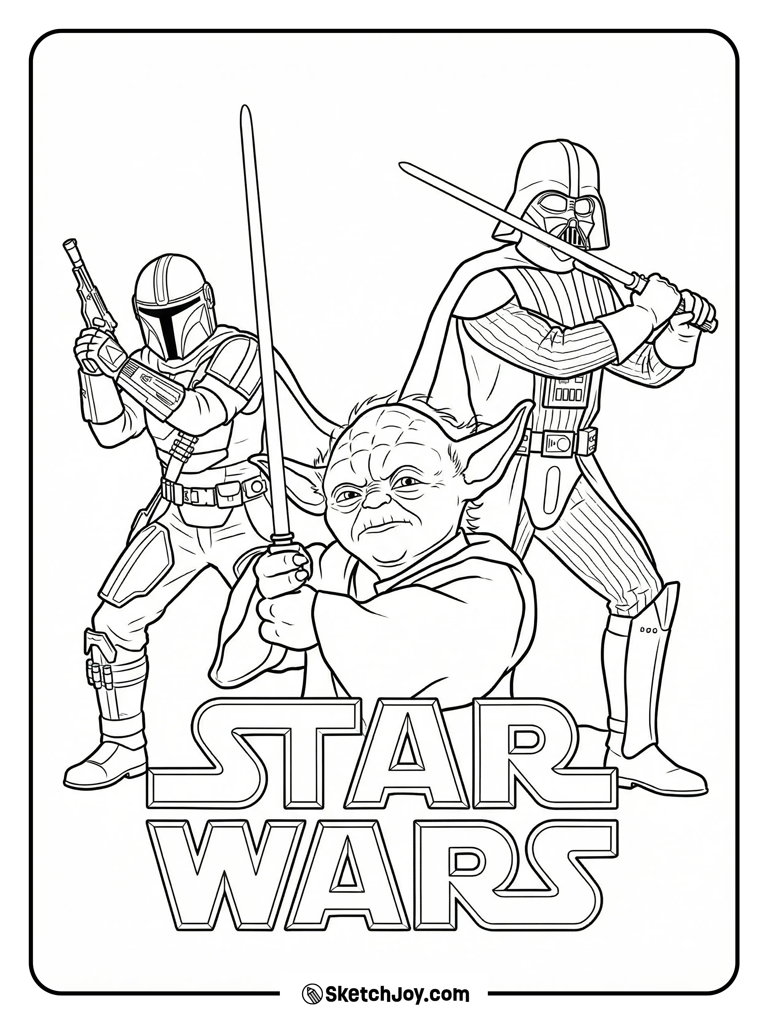 Yoda leads with his lightsaber while Vader and the Mandalorian pose behind the Star Wars logo.