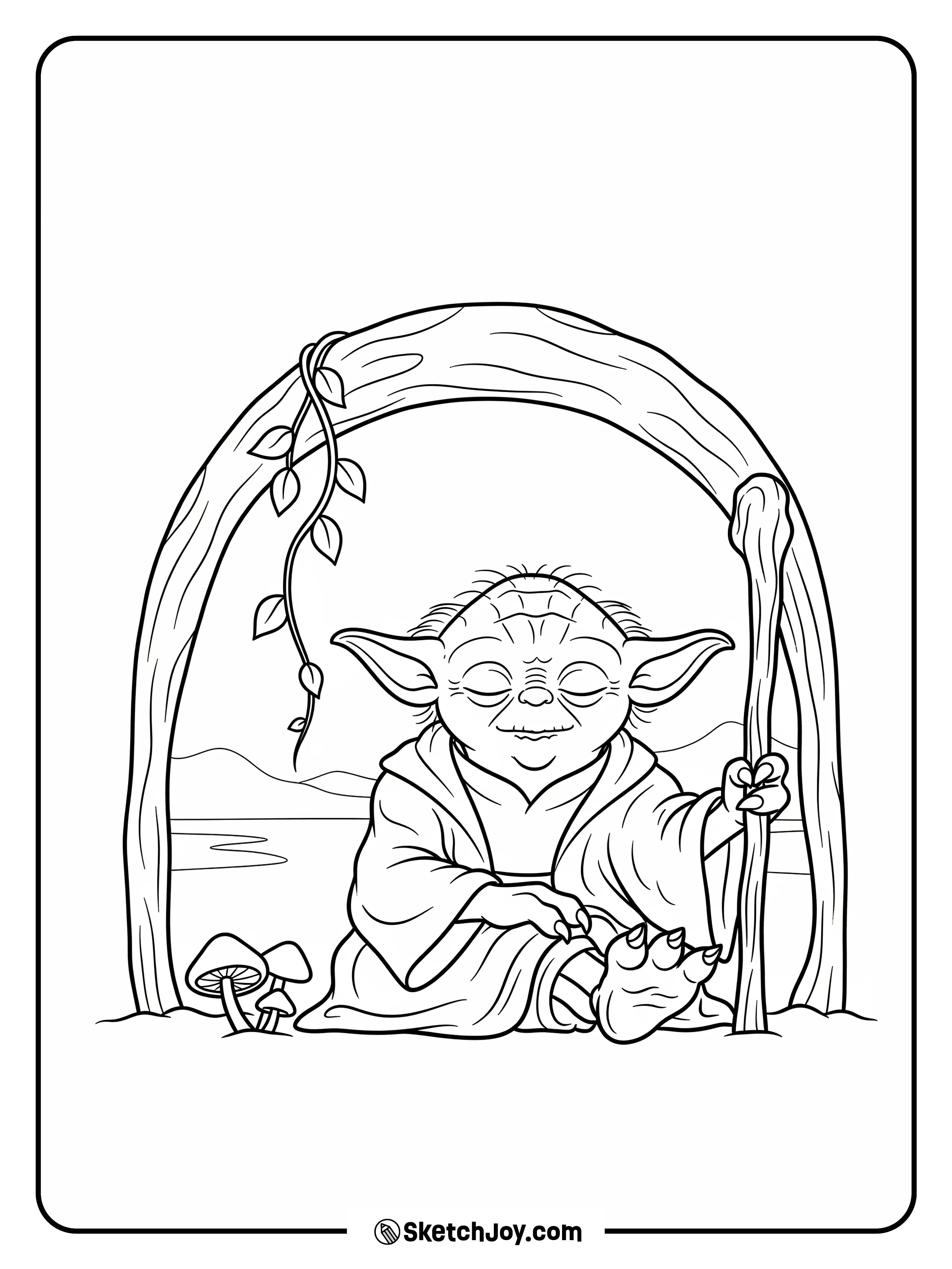 Yoda sits calm under a twisted tree root.