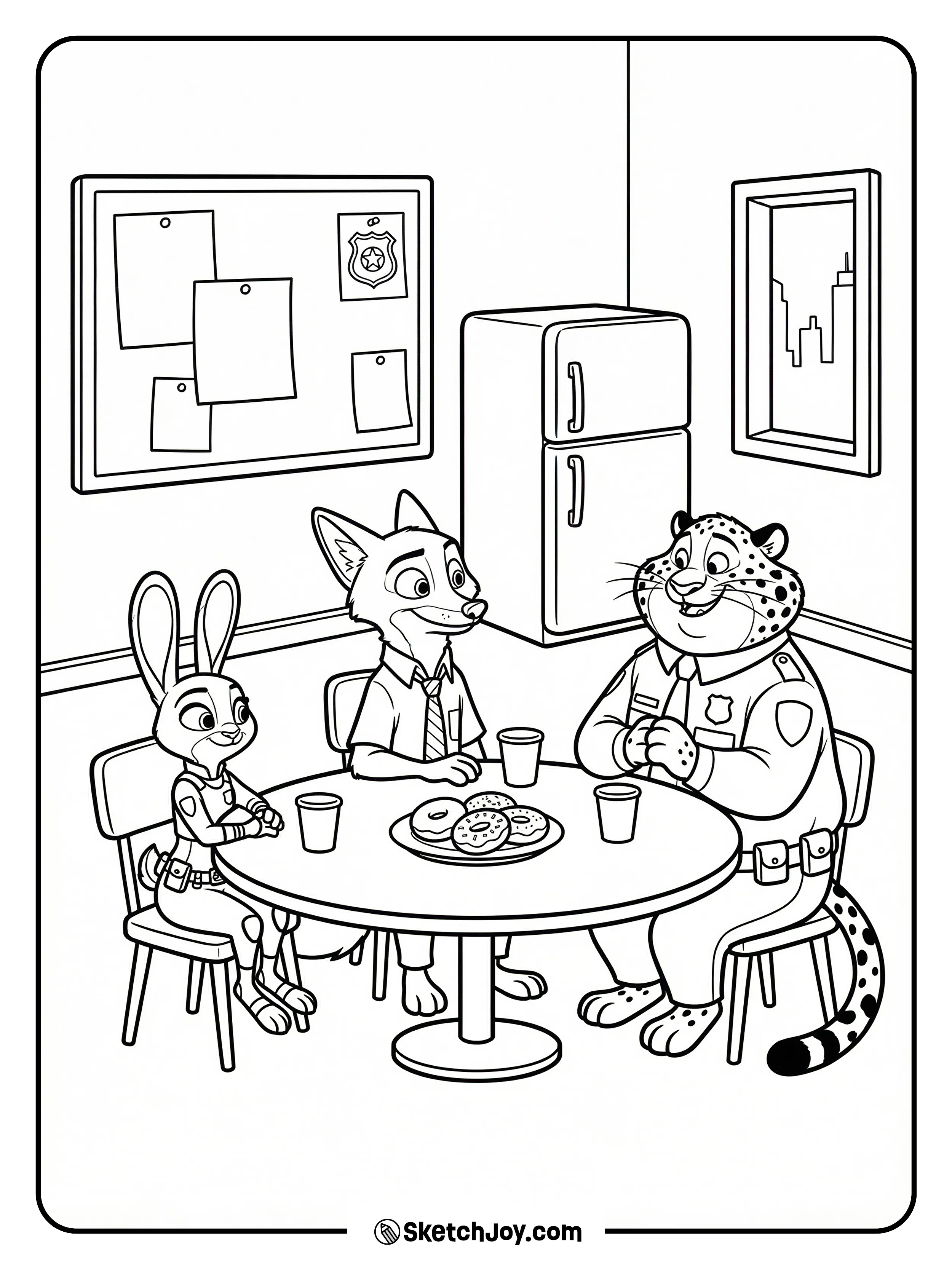 Judy, Nick, and Clawhauser sit around a small table, sharing snacks and laughs.