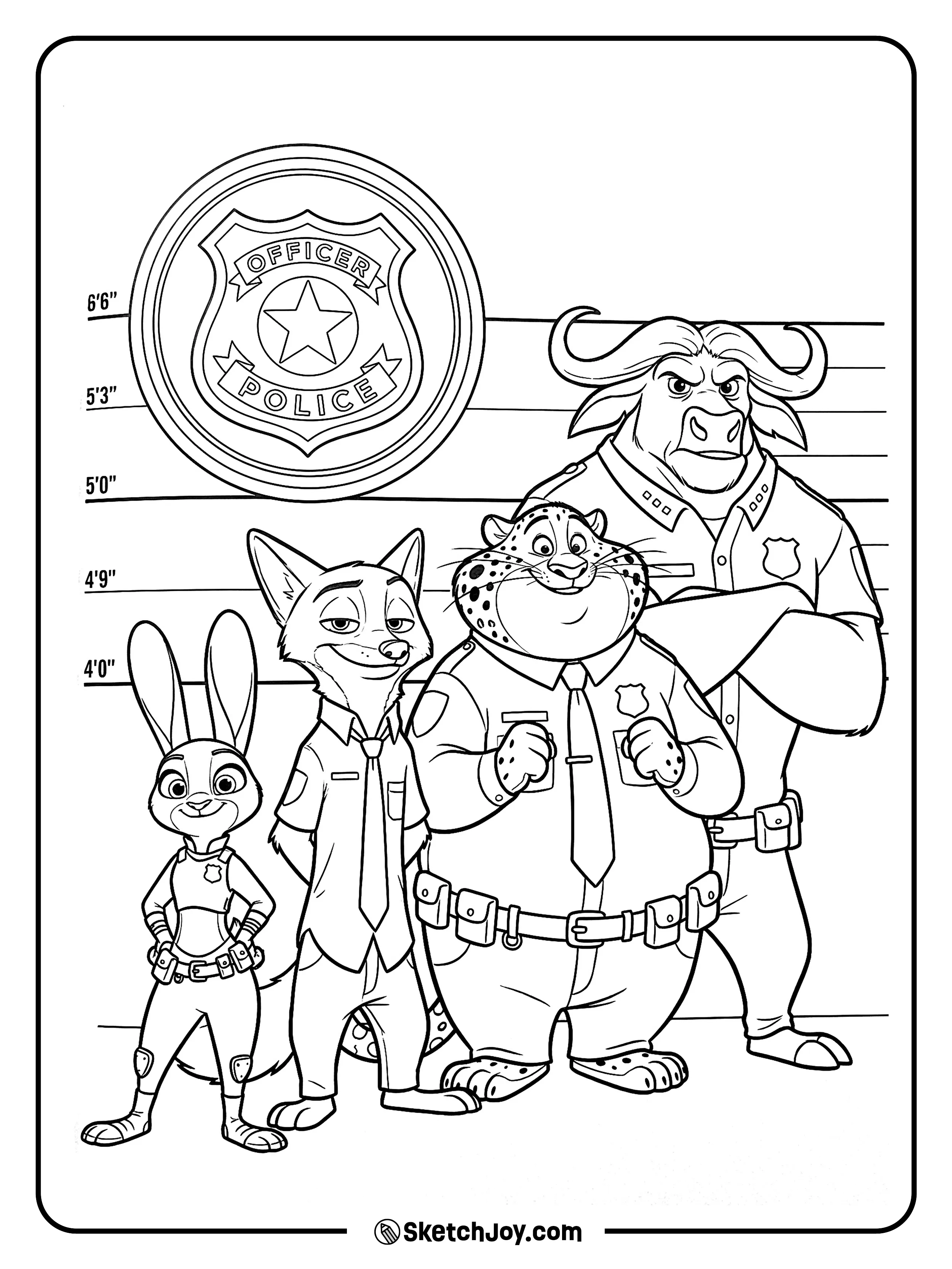 Judy, Nick, Clawhauser, and Bogo line up for a group photo at the station.