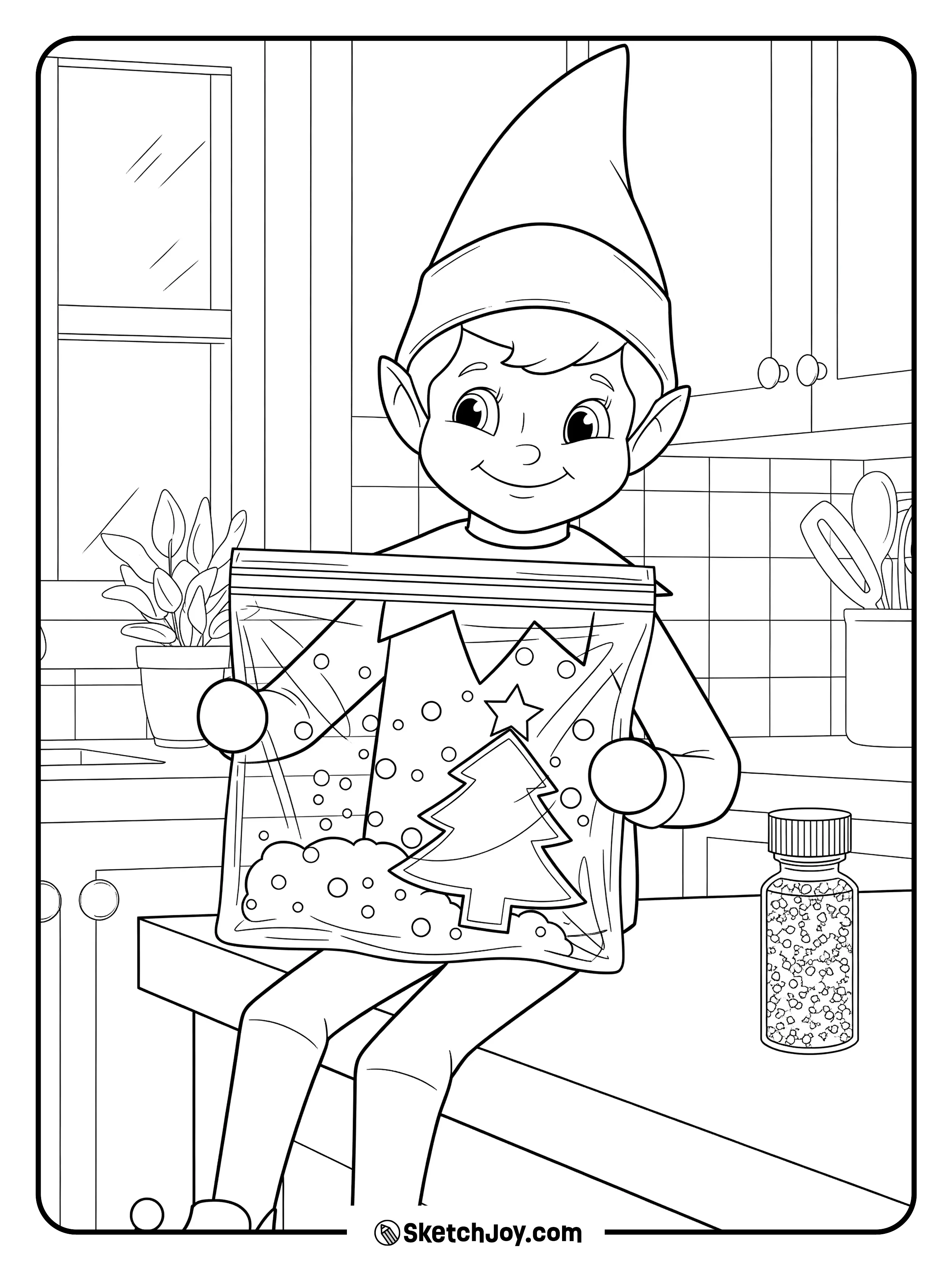 The elf shakes a homemade “snow globe” bag.