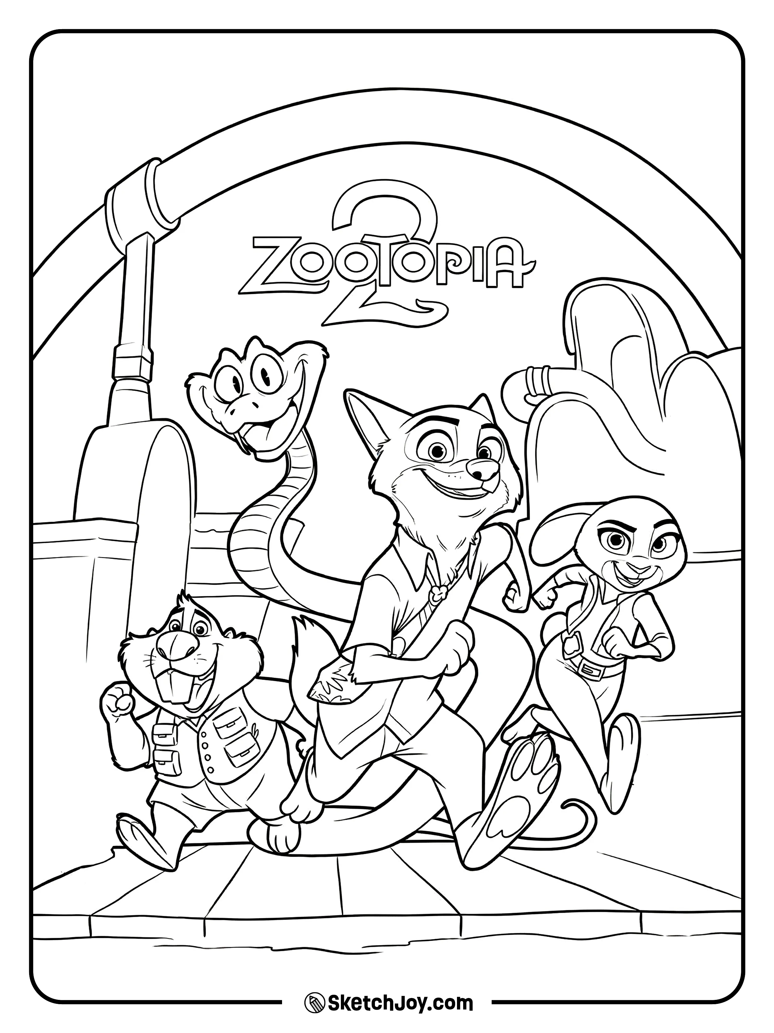 Judy, Nick, Gary, and Nibbles run forward together under a city arch with the Zootopia 2 title above them.