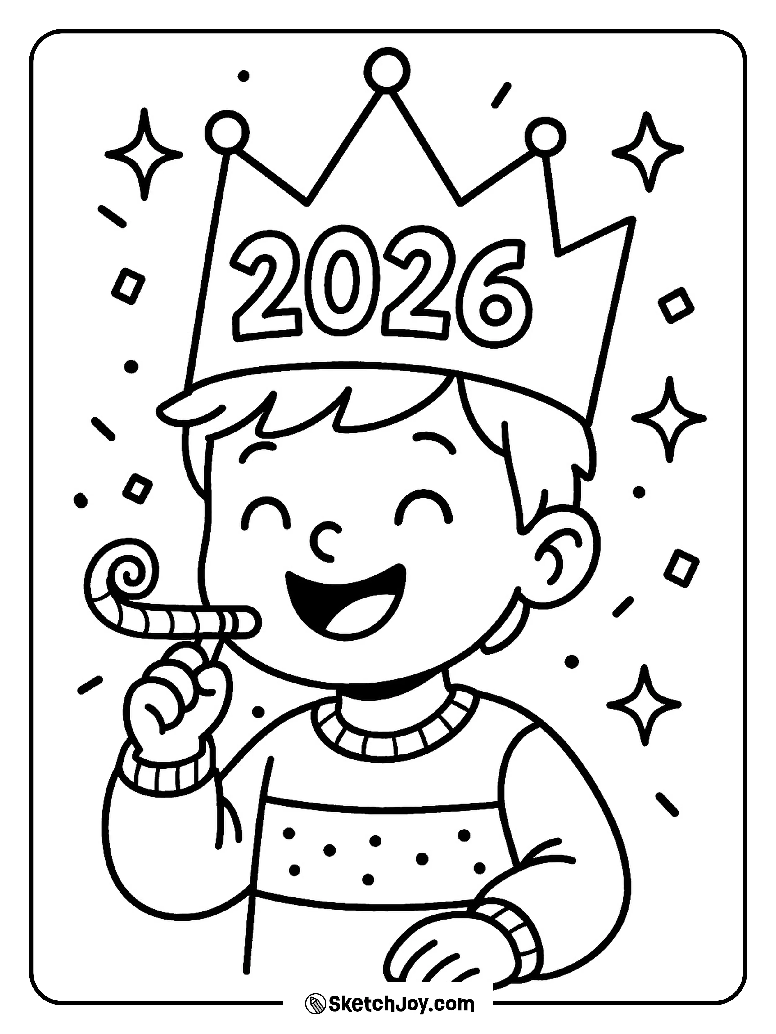 A kid wears a paper crown that says 2026.