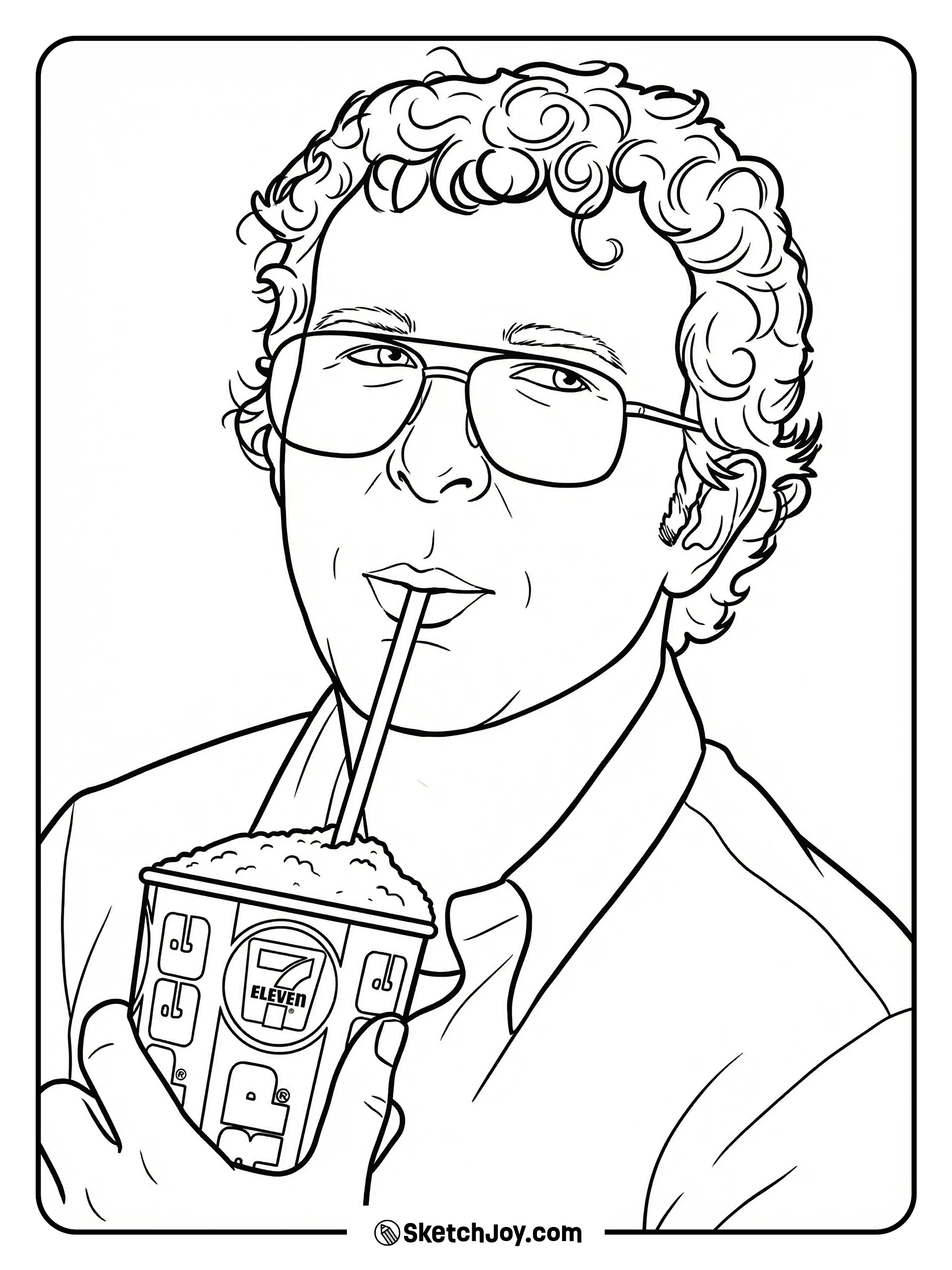Alexei sips a big Slurpee through a straw and smiles softly behind his large glasses.