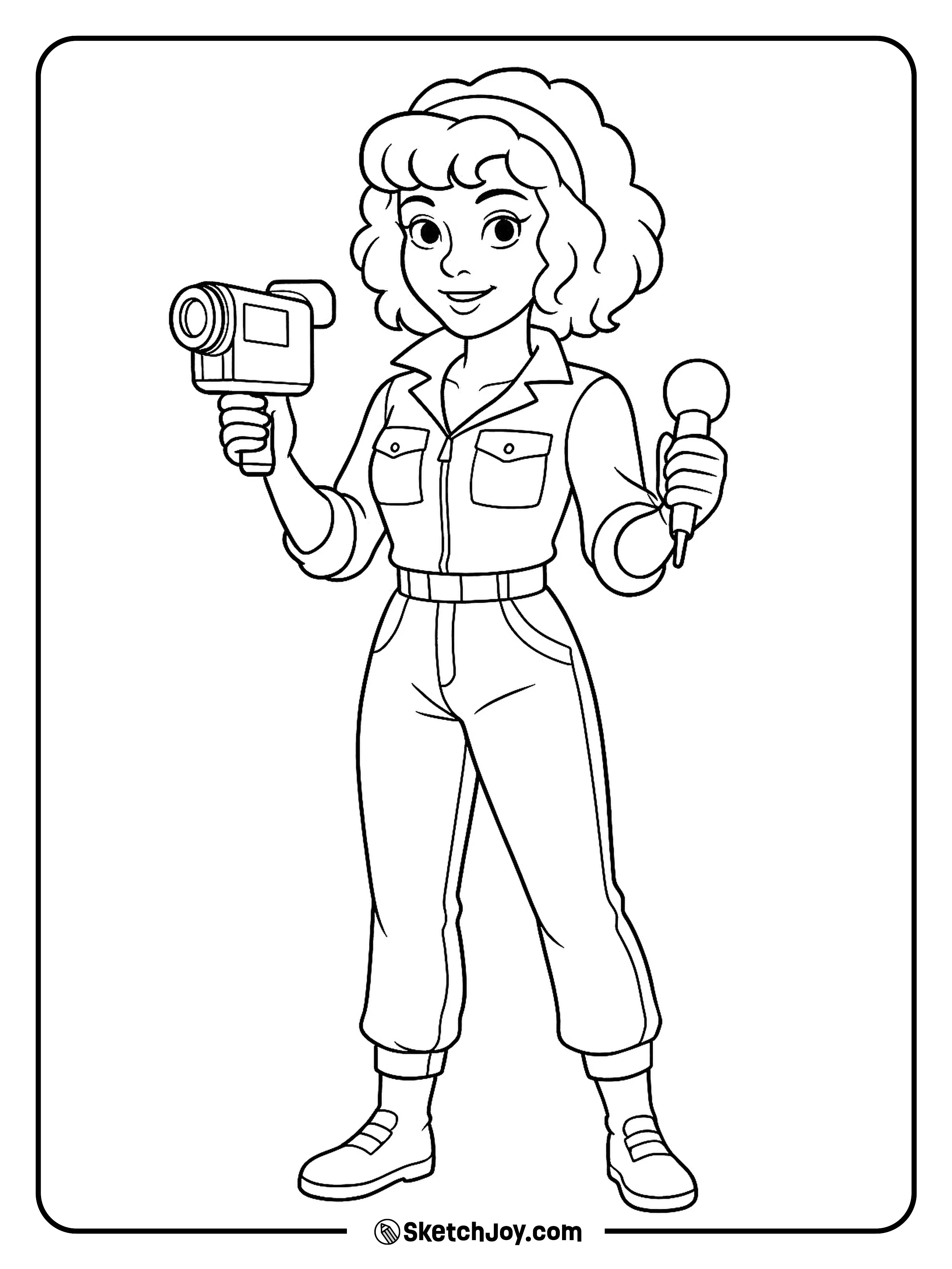 April stands in her classic jumpsuit holding a camera and mic.