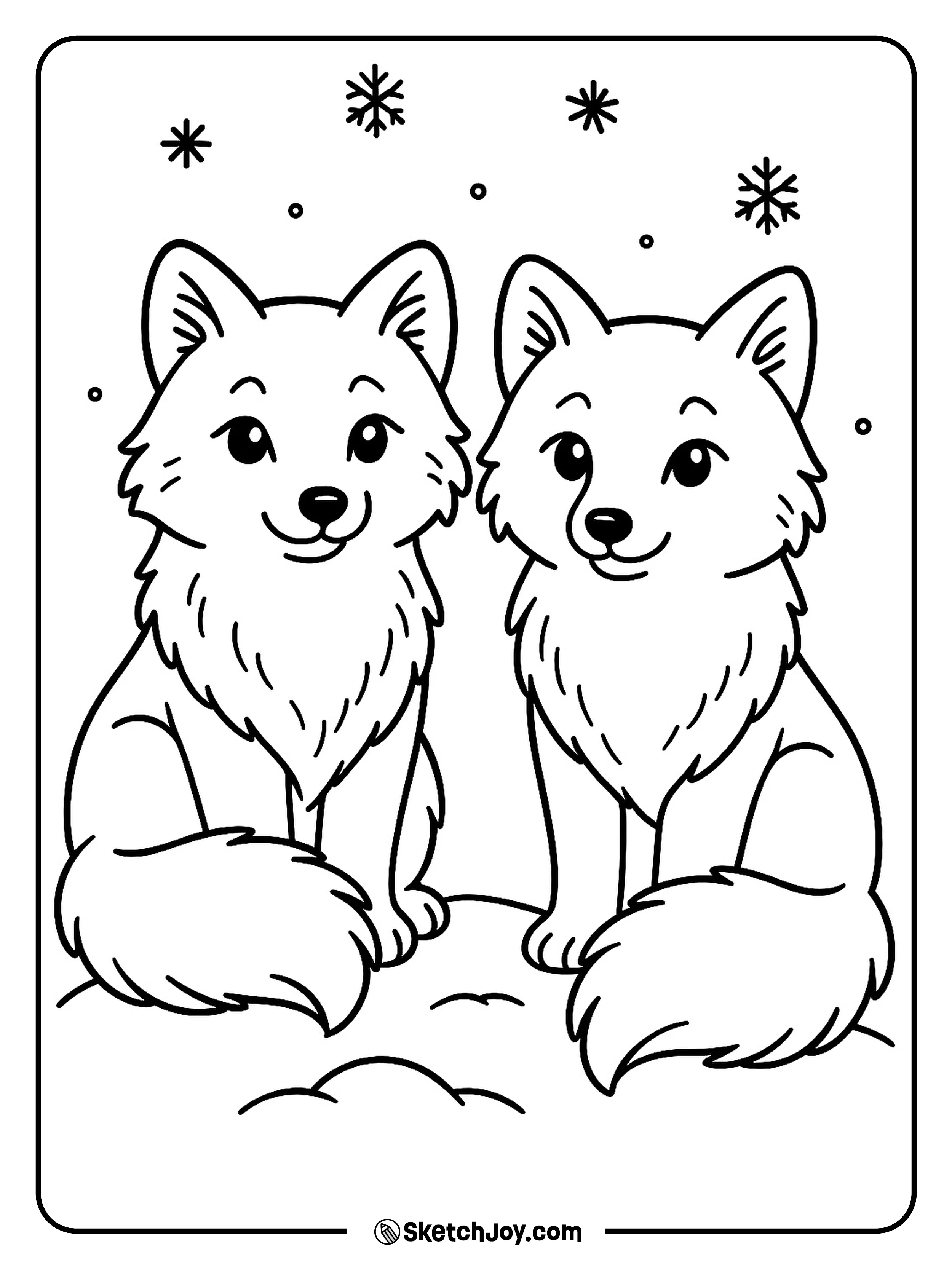 Two arctic foxes snuggle close to stay warm.